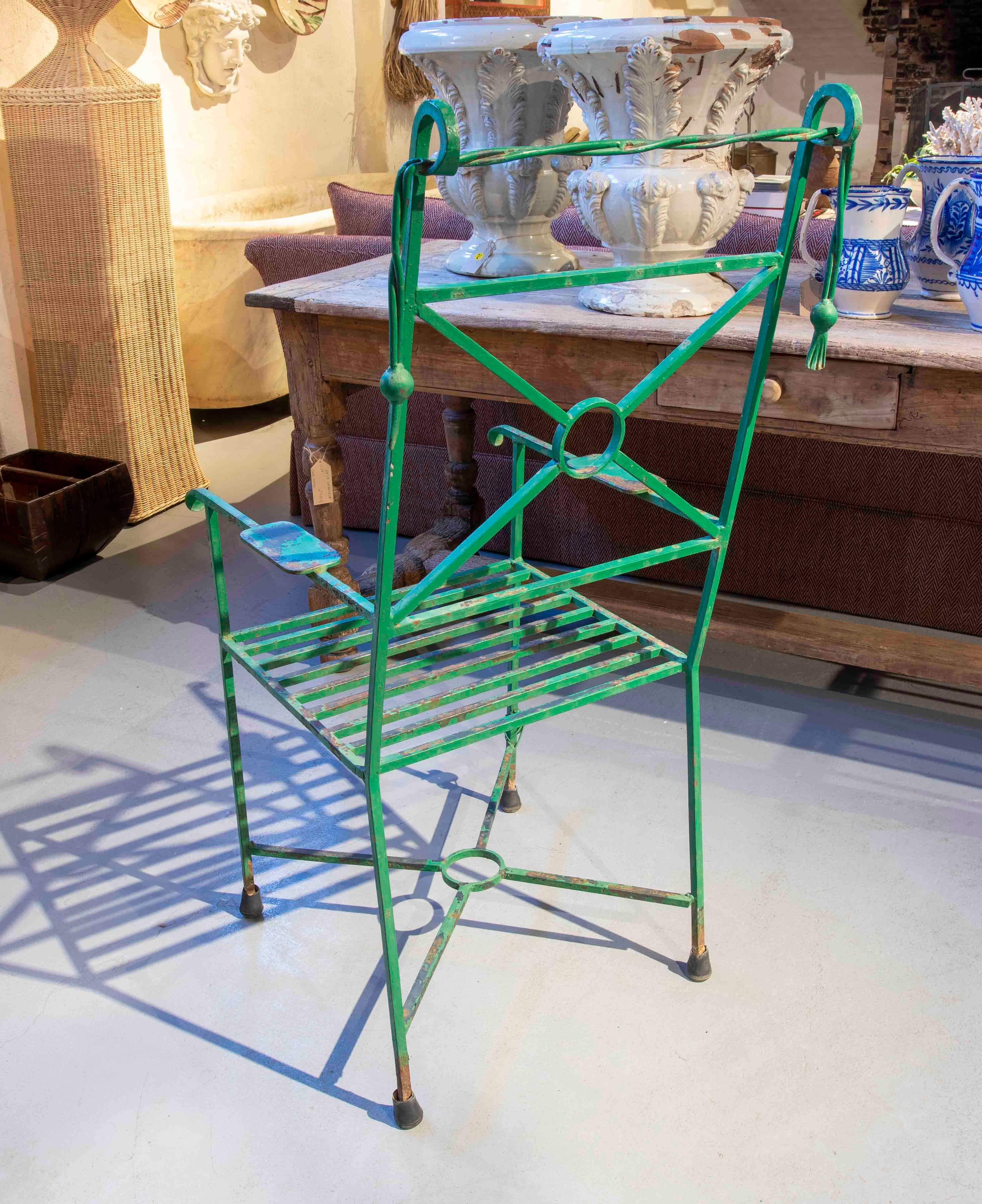 Four Green Painted Iron Chairs with Ants Decoration on the legs 3
