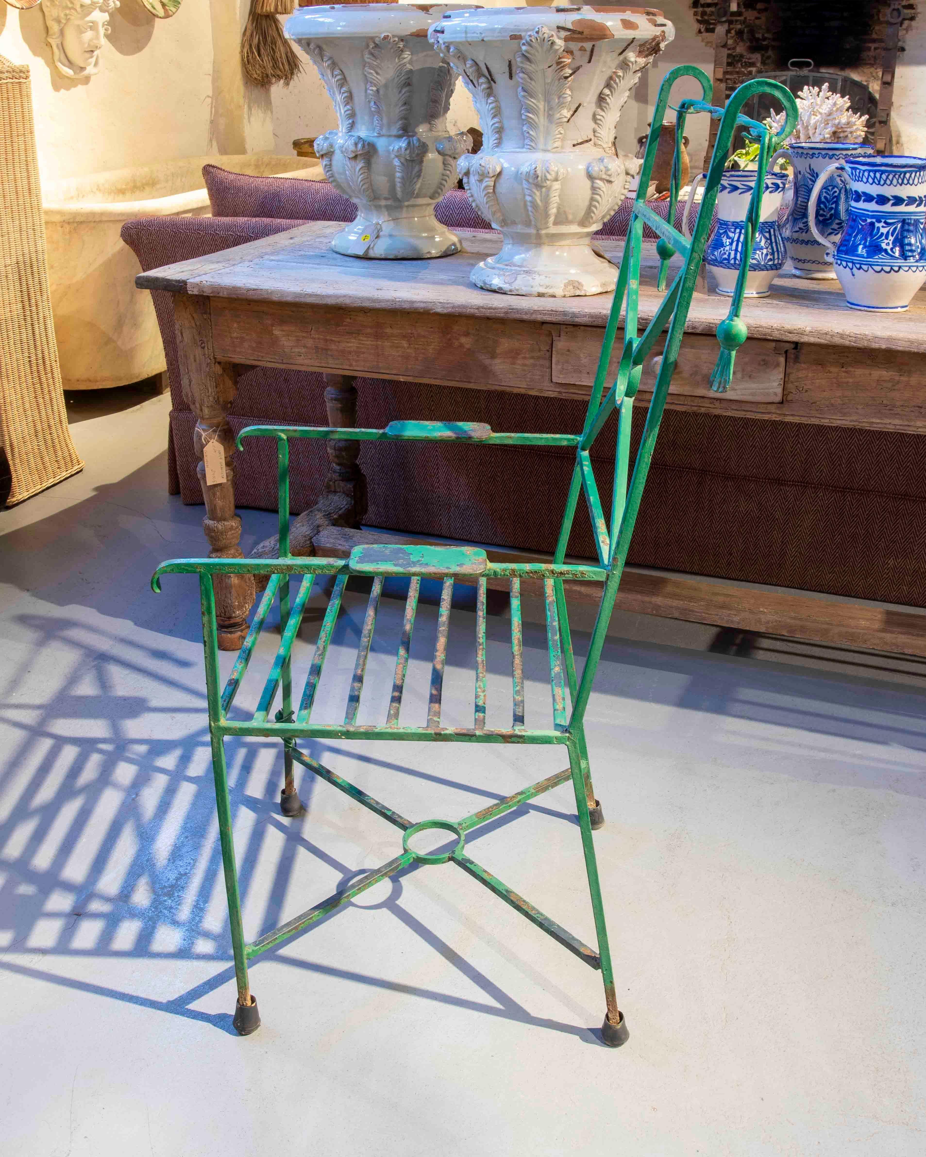 Four Green Painted Iron Chairs with Ants Decoration on the legs For Sale 4