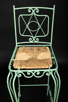 Four Green Painted Metal Bar Stools with Intricate Metal Work