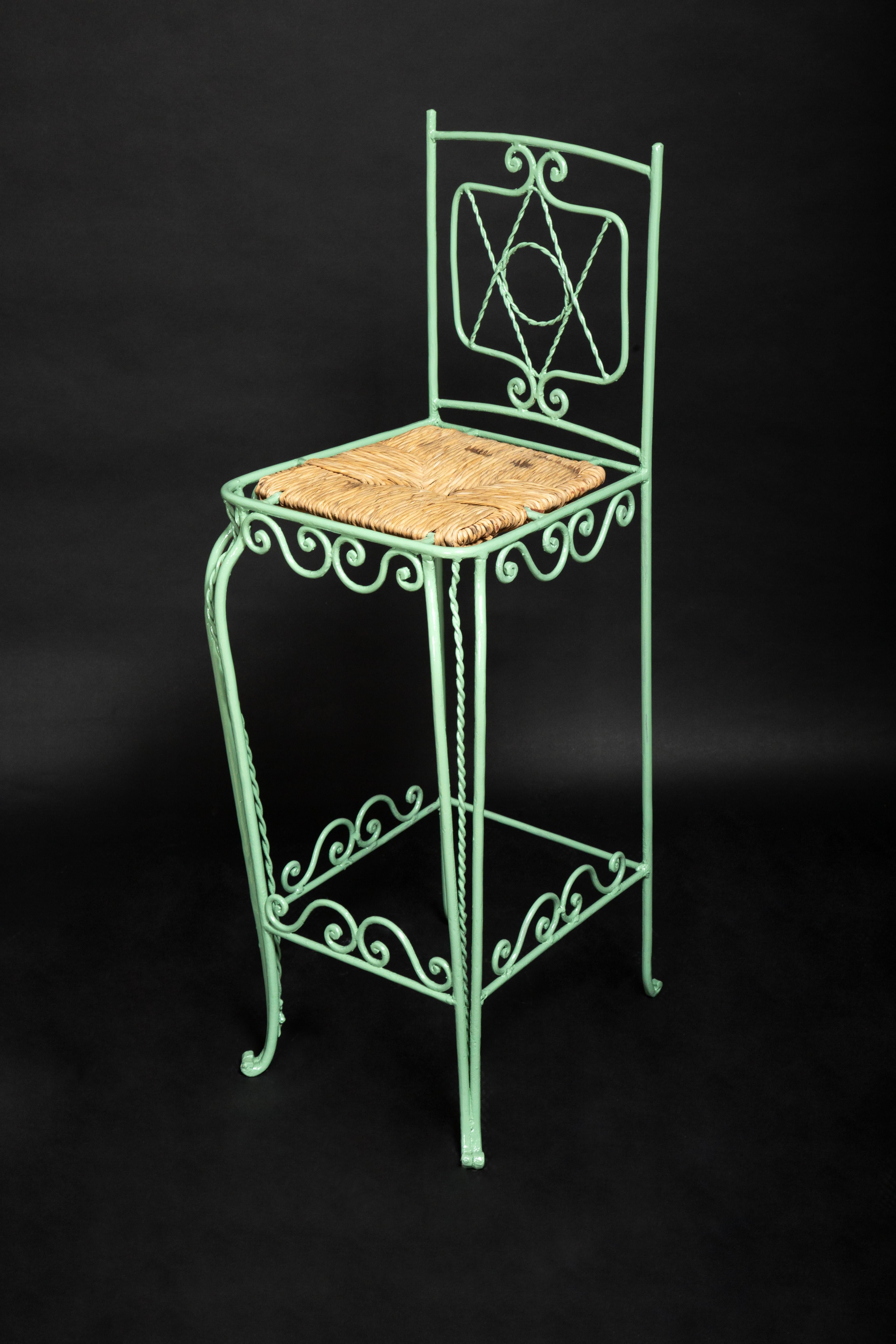 Mid-Century Modern Four Green Painted Metal Bar Stools with Intricate Metal Work For Sale