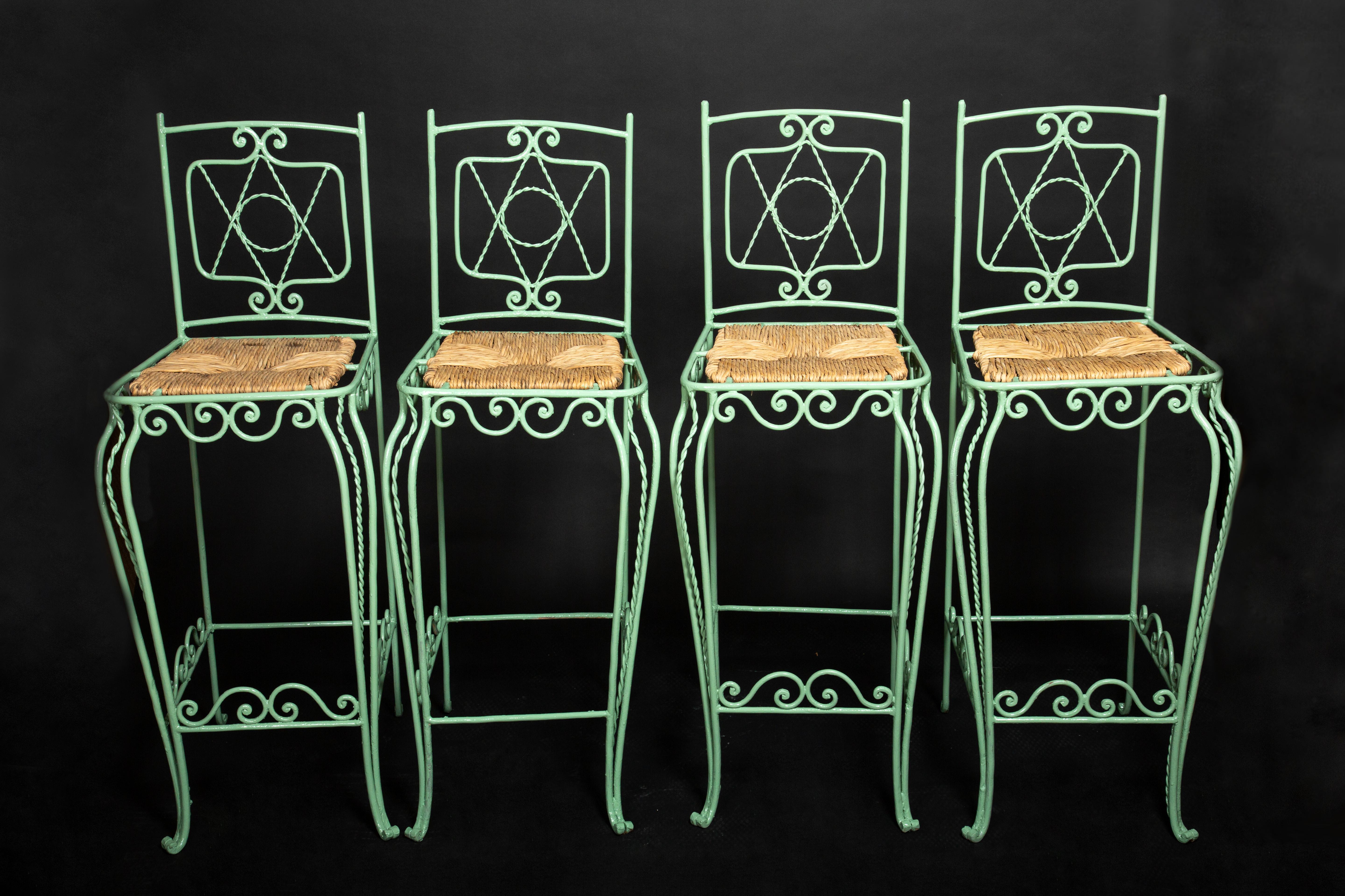 American Four Green Painted Metal Bar Stools with Intricate Metal Work For Sale