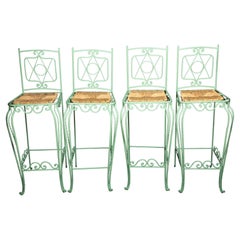 Antique Four Green Painted Metal Bar Stools with Intricate Metal Work
