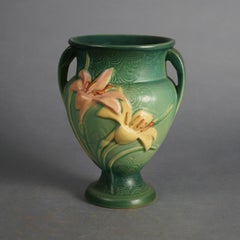 Four Green Roseville Art Pottery Items with Zephyr Lily Pattern Mid 20thC