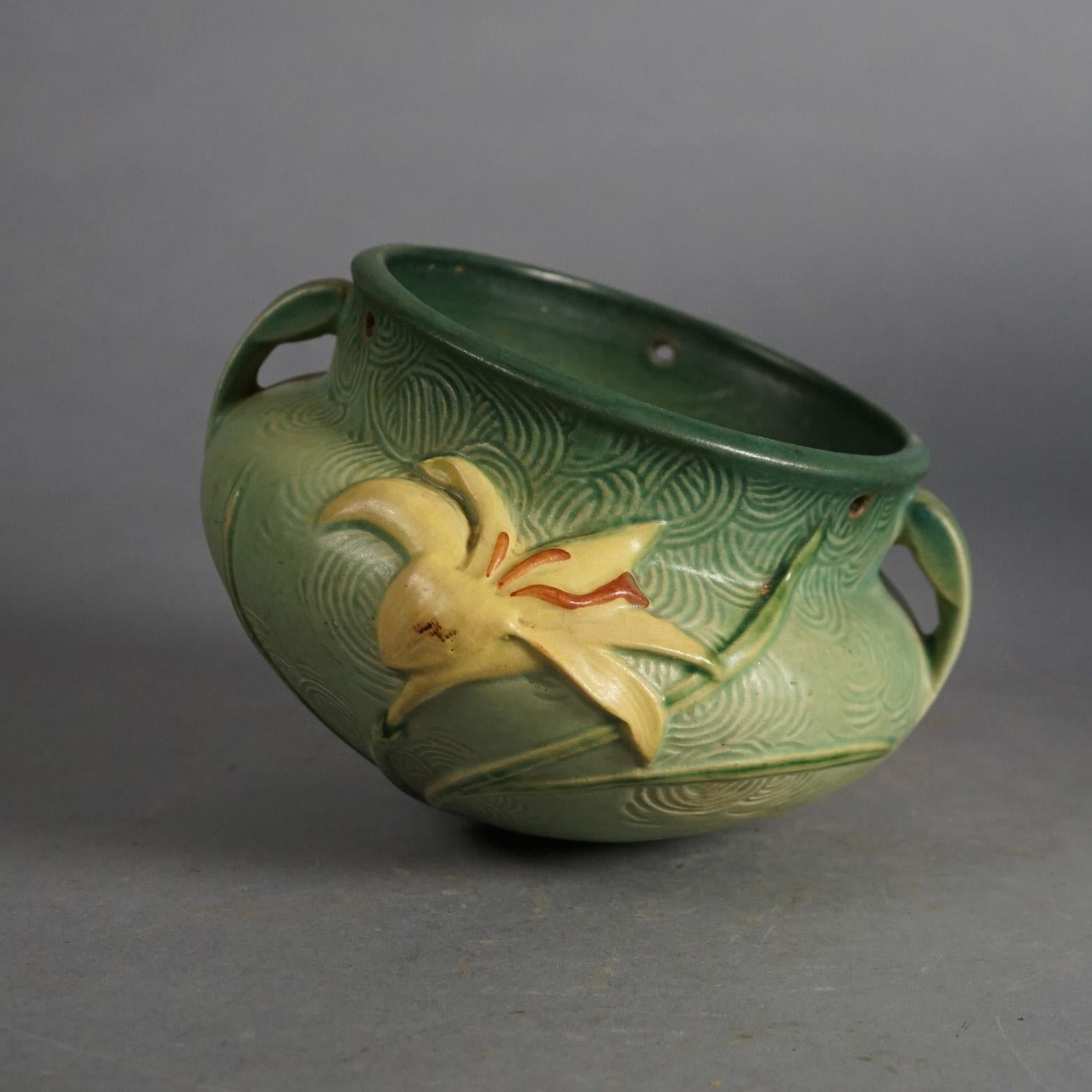 Four Green Roseville Art Pottery Items with Zephyr Lily Pattern Mid 20thC In Good Condition In Big Flats, NY