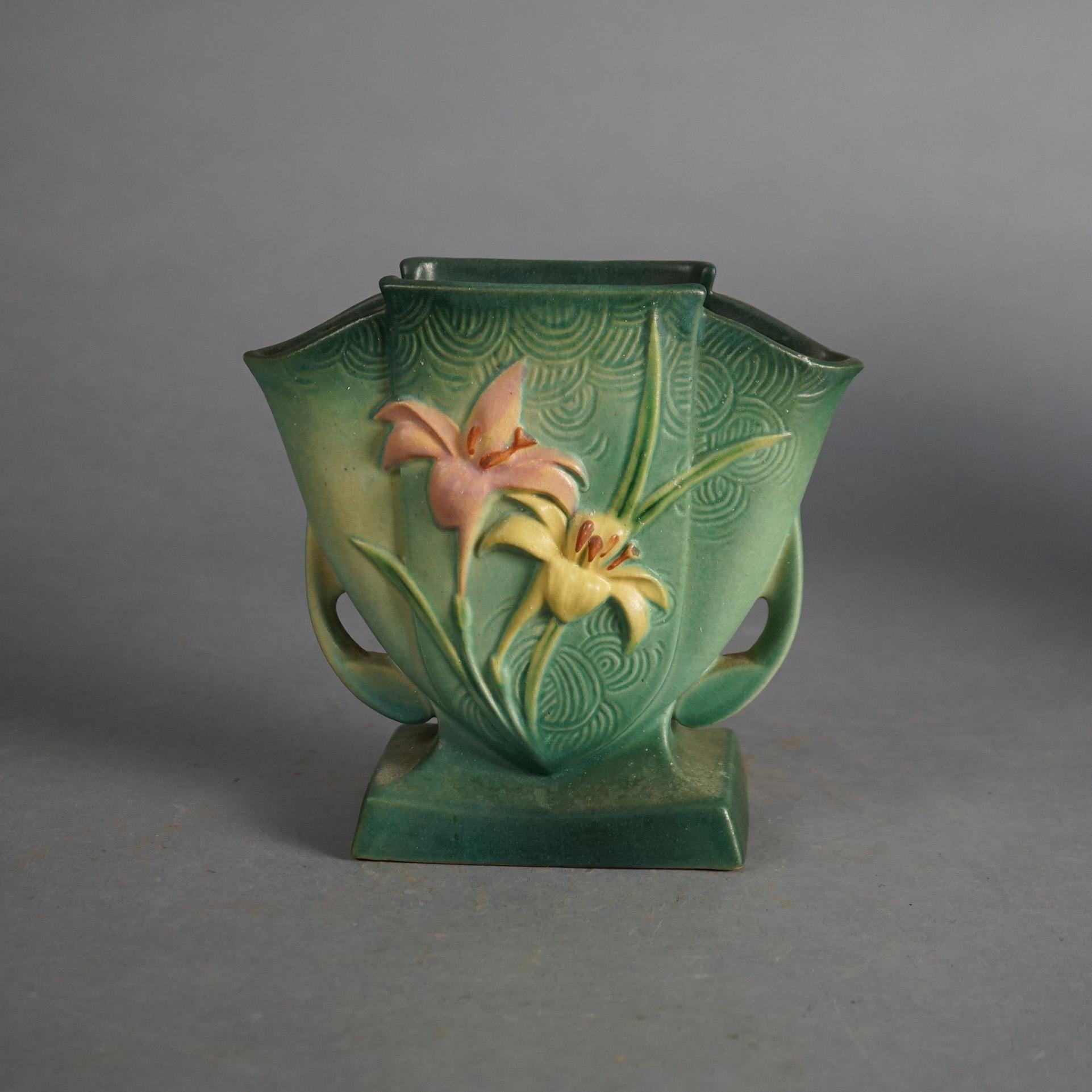 Four Green Roseville Art Pottery Items with Zephyr Lily Pattern Mid 20thC 1