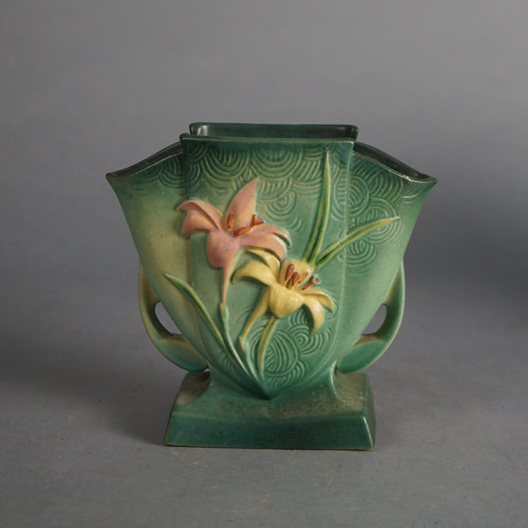 Four Green Roseville Art Pottery Items with Zephyr Lily Pattern Mid 20thC 2