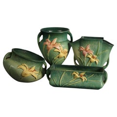 Four Green Roseville Art Pottery Items with Zephyr Lily Pattern Mid 20thC