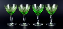 Four Green White Wine Glasses, "Wien Antik", Lyngby Glas, Denmark
