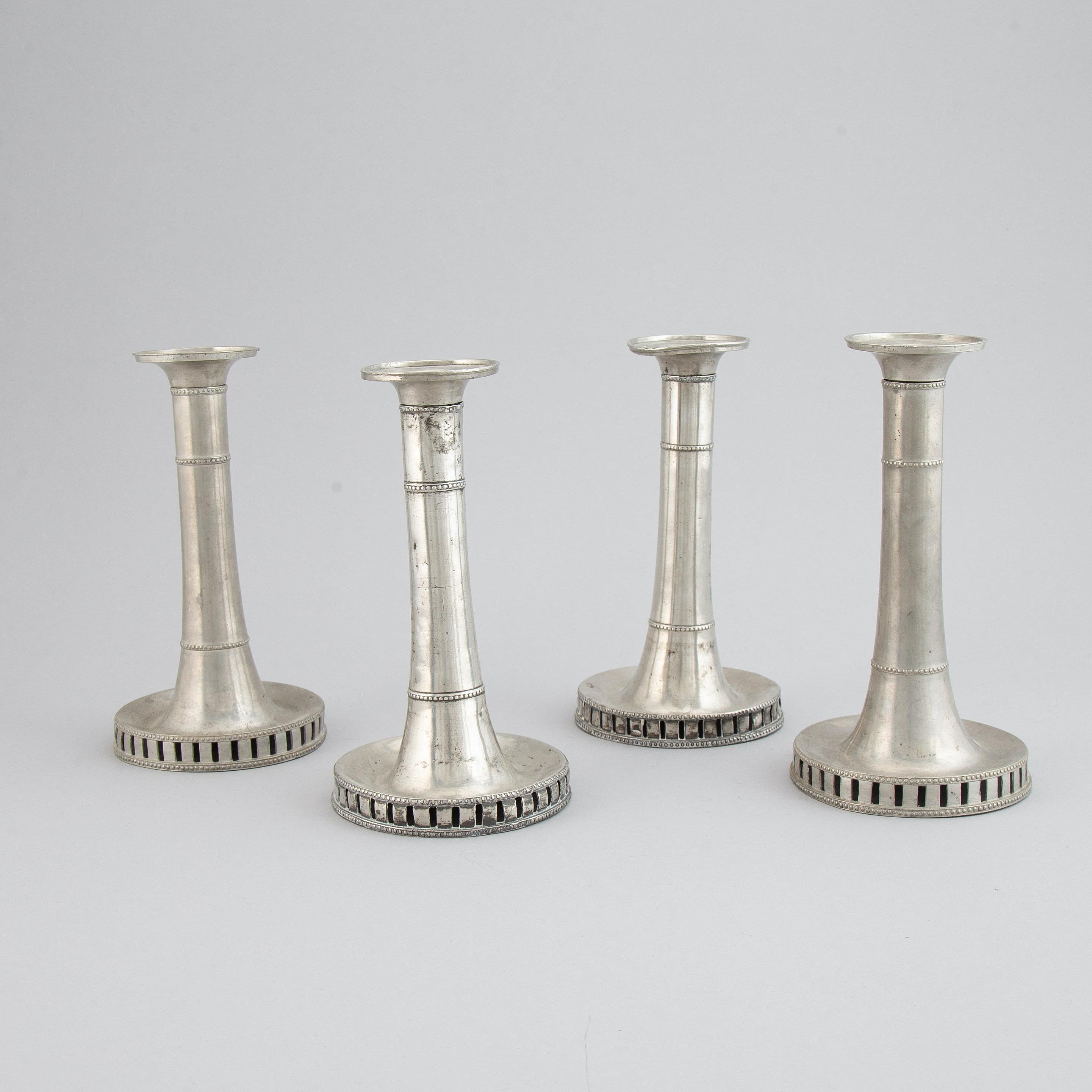 Four Gustavian Candlesticks, by Hans Wicksten, Pewter In Good Condition In Stockholm, SE