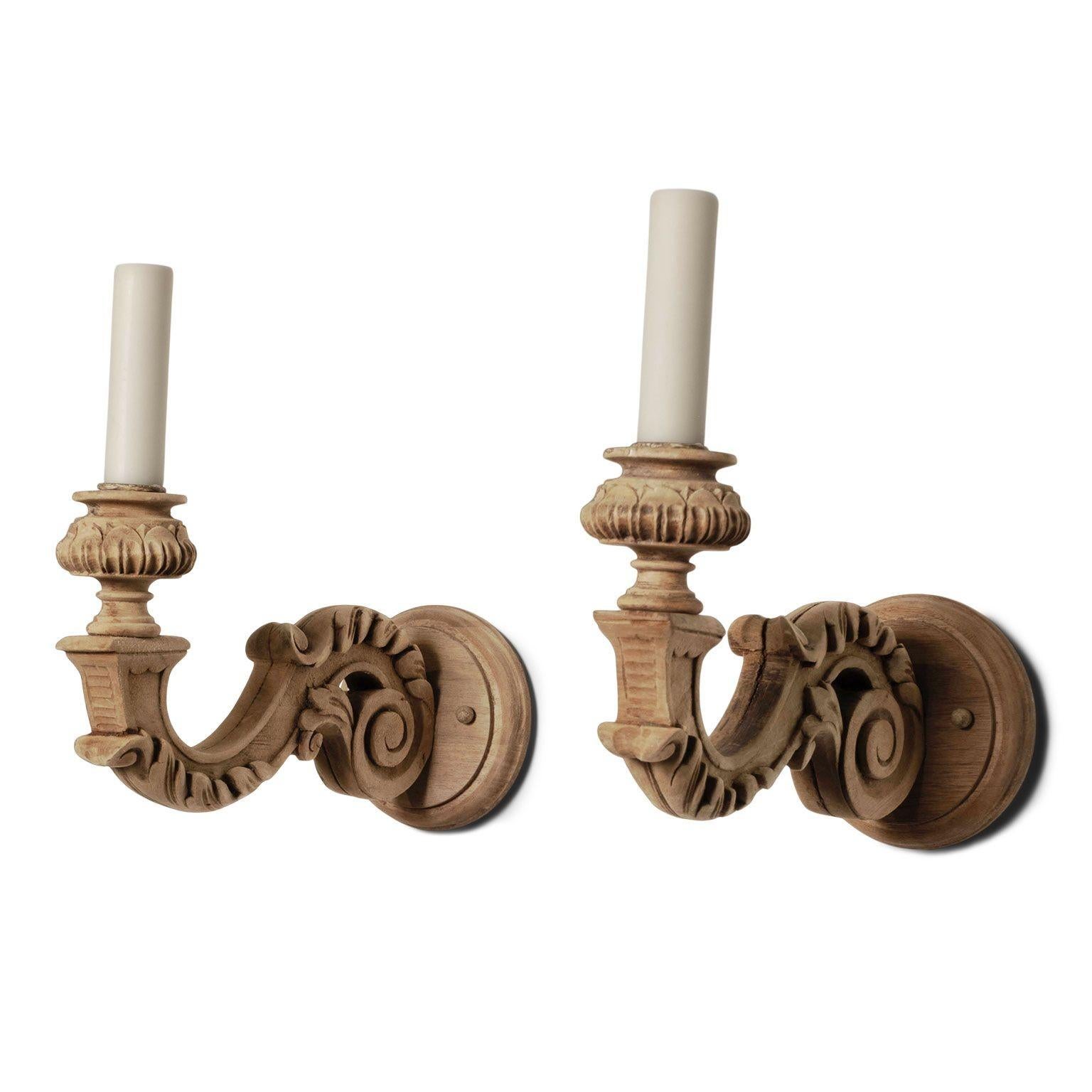 Four Hand-Carved Bleached Walnut Single-Arm Sconces For Sale 4