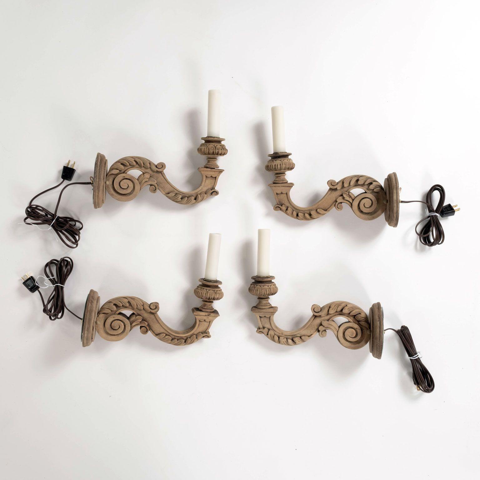 French Four Hand-Carved Bleached Walnut Single-Arm Sconces For Sale