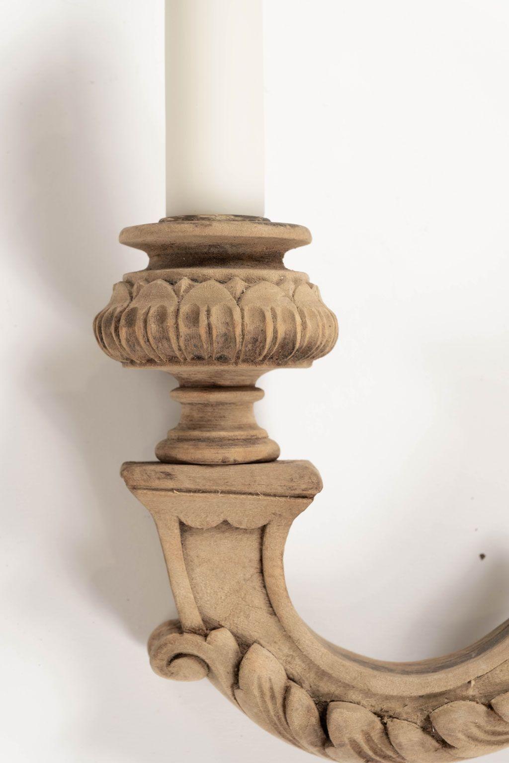 Four Hand-Carved Bleached Walnut Single-Arm Sconces For Sale 1