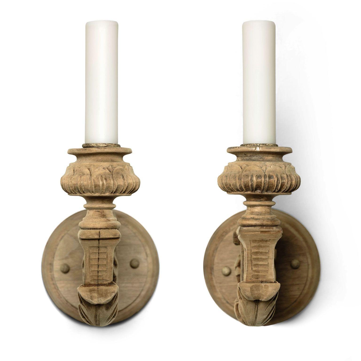 Four Hand-Carved Bleached Walnut Single-Arm Sconces For Sale 3