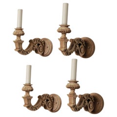 Four Hand-Carved Bleached Walnut Single-Arm Sconces