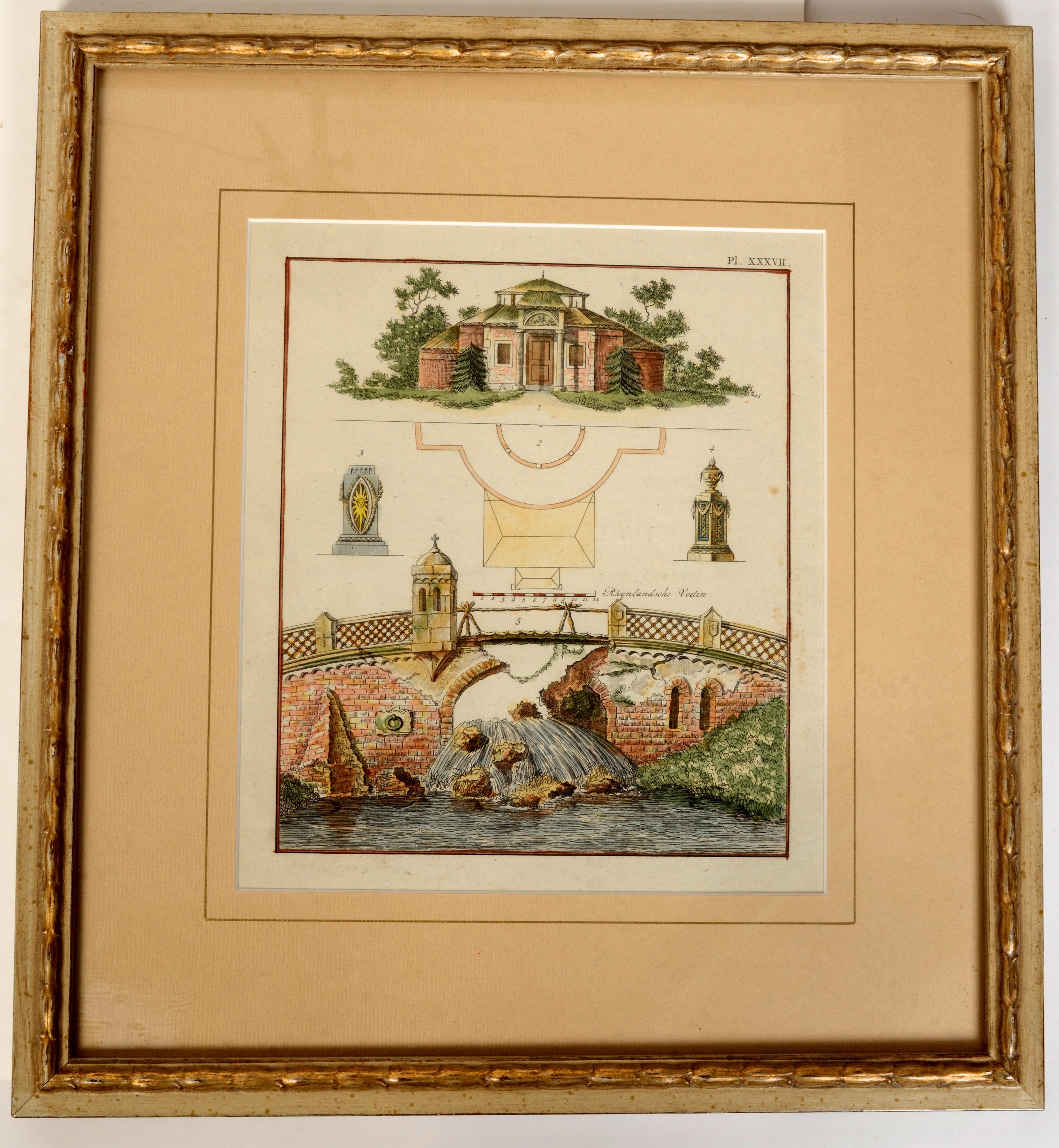 Set of 4 hand colored Antique Engravings of Garden Architecture by Van Laar, circa 1802. Prints are from 