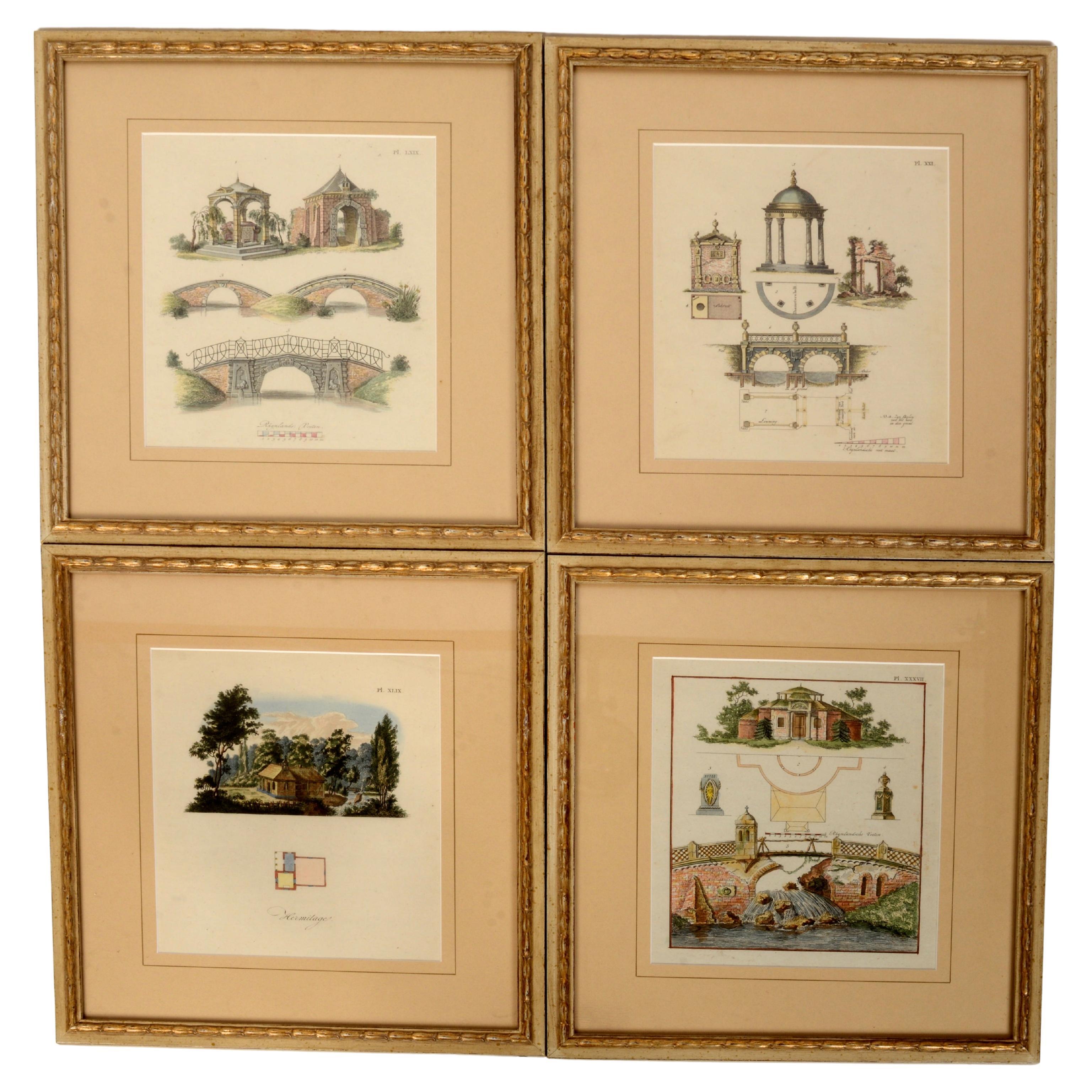 Four Hand Colored Antique Engravings of Garden Architecture by Van Laar, c1802