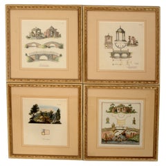 Four Hand Colored Antique Engravings of Garden Architecture by Van Laar, c1802