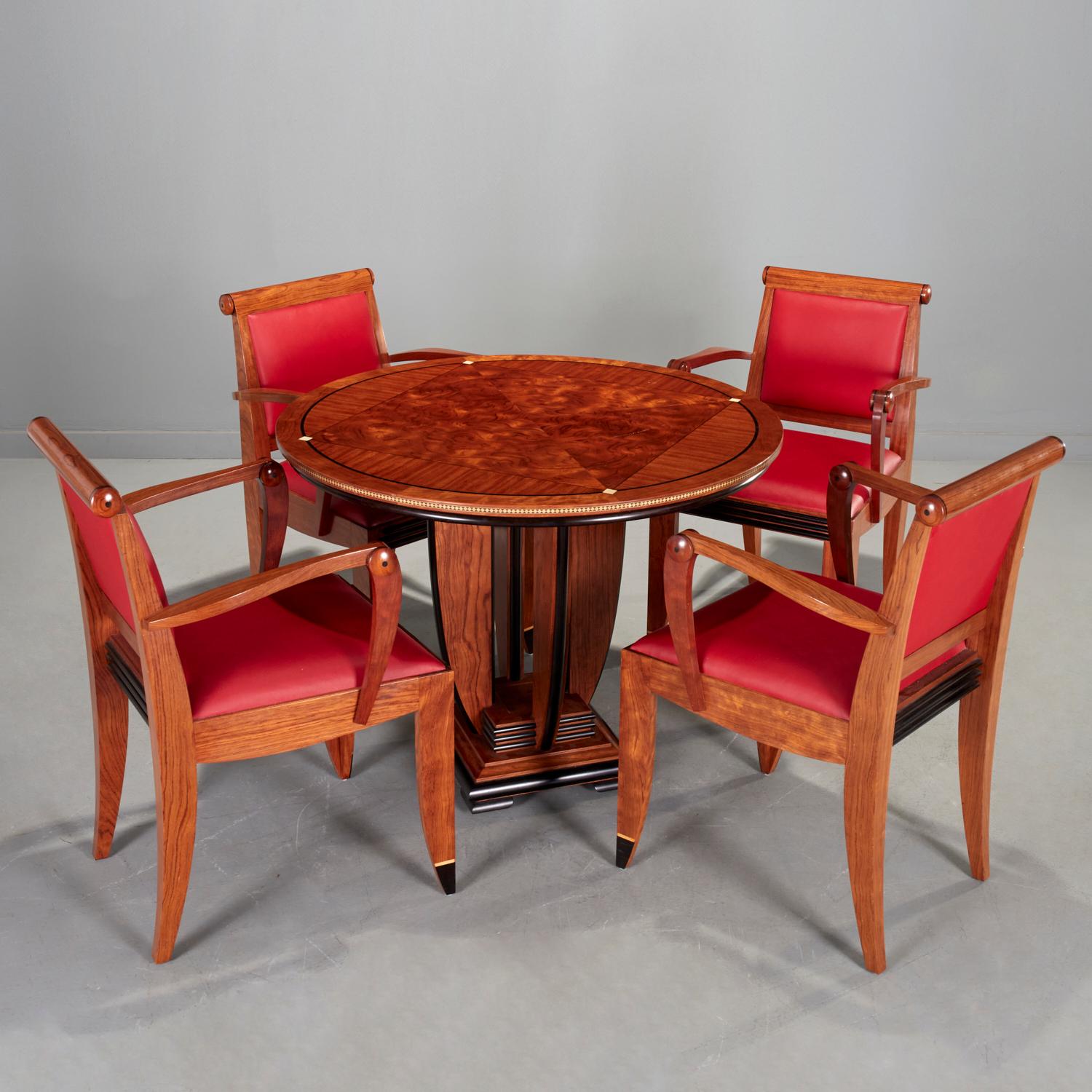 1989, USA, French Art Deco-inspired design. Beautifully constructed of bubinga and ebony. The seat and backrest are upholstered in a deep red high-quality faux leather, creating a bold contrast against the wood. The upholstery is cleanly finished,