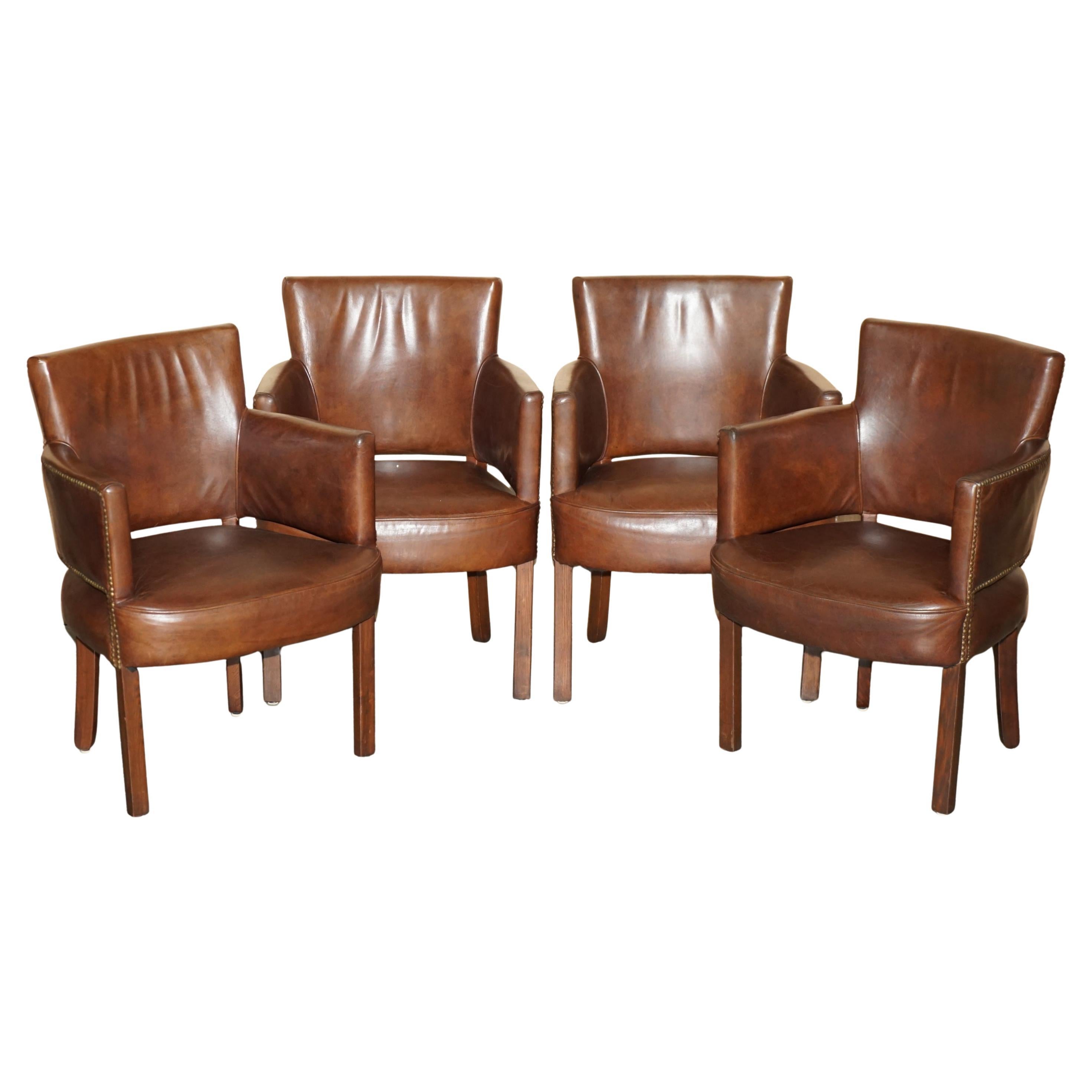 FOUR HAND DYED HERiTAGE BROWN LEATHER HALO BARREL BACK DINING OCCASIONAL CHAIRS in vendita