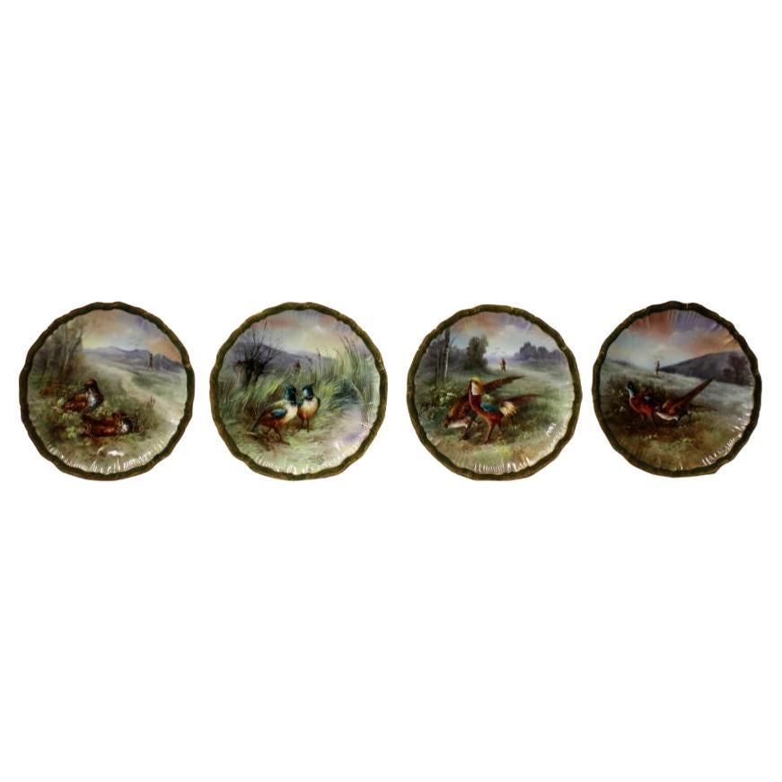 Four Hand Painted Limoges Plates Depicting Pheasants Made By Raphael Weill & Co. For Sale