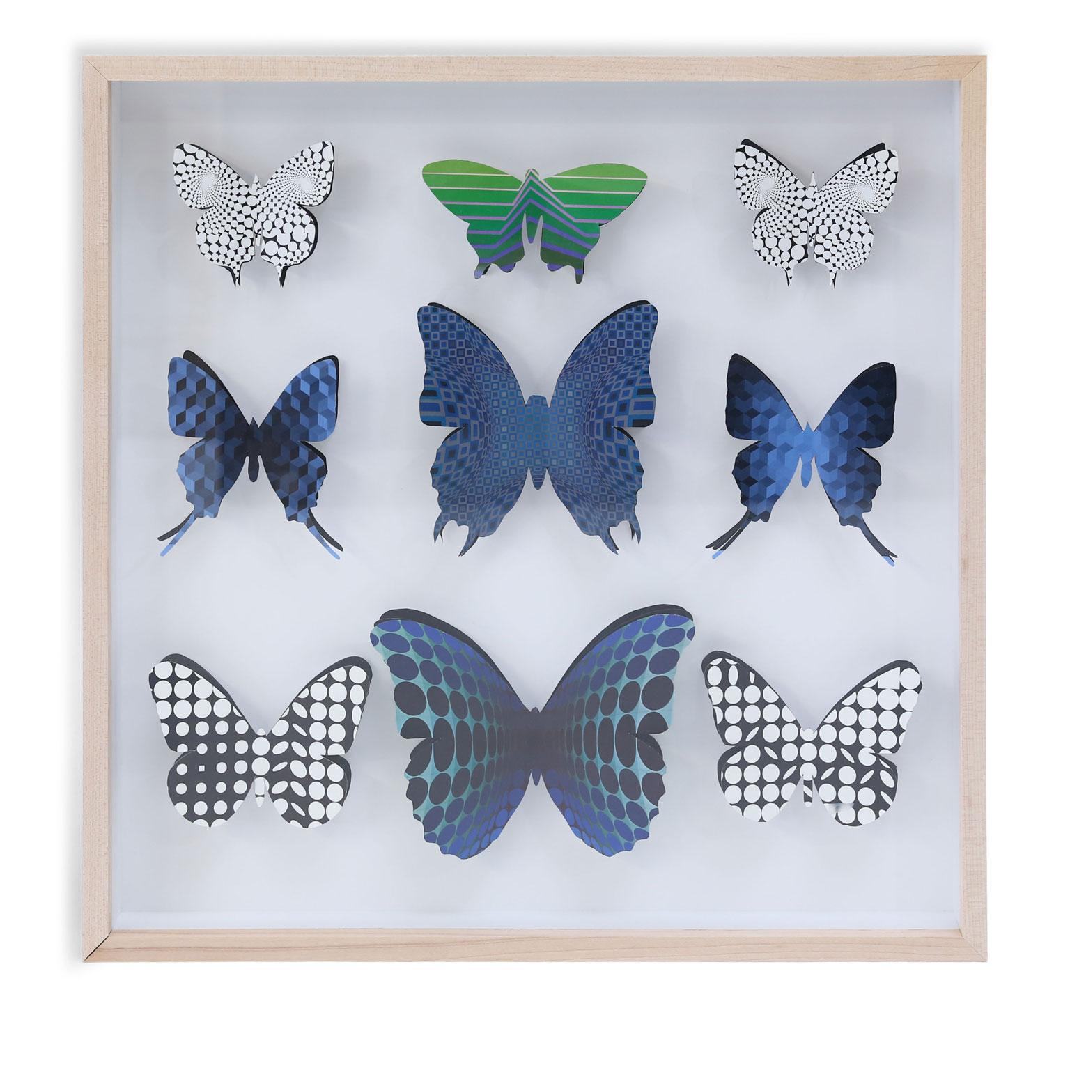 Four handcut butterfly boxes: vintage (circa 1960-1979) Op Art handcut into butterfly shapes and pinned within shadow boxes as specimen. Framed in unfinished maple. Sold individually priced $750 each.