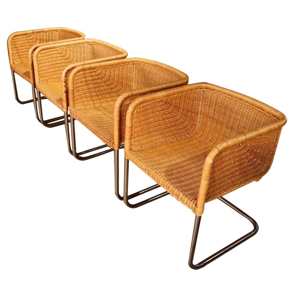 Four Harvey Probber Chrome and Wicker Fabricius and Kastholm Cantilever Chairs
