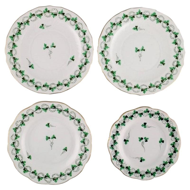 Four Herend Green Clover Plates in Hand-Painted Porcelain with Gold Edge