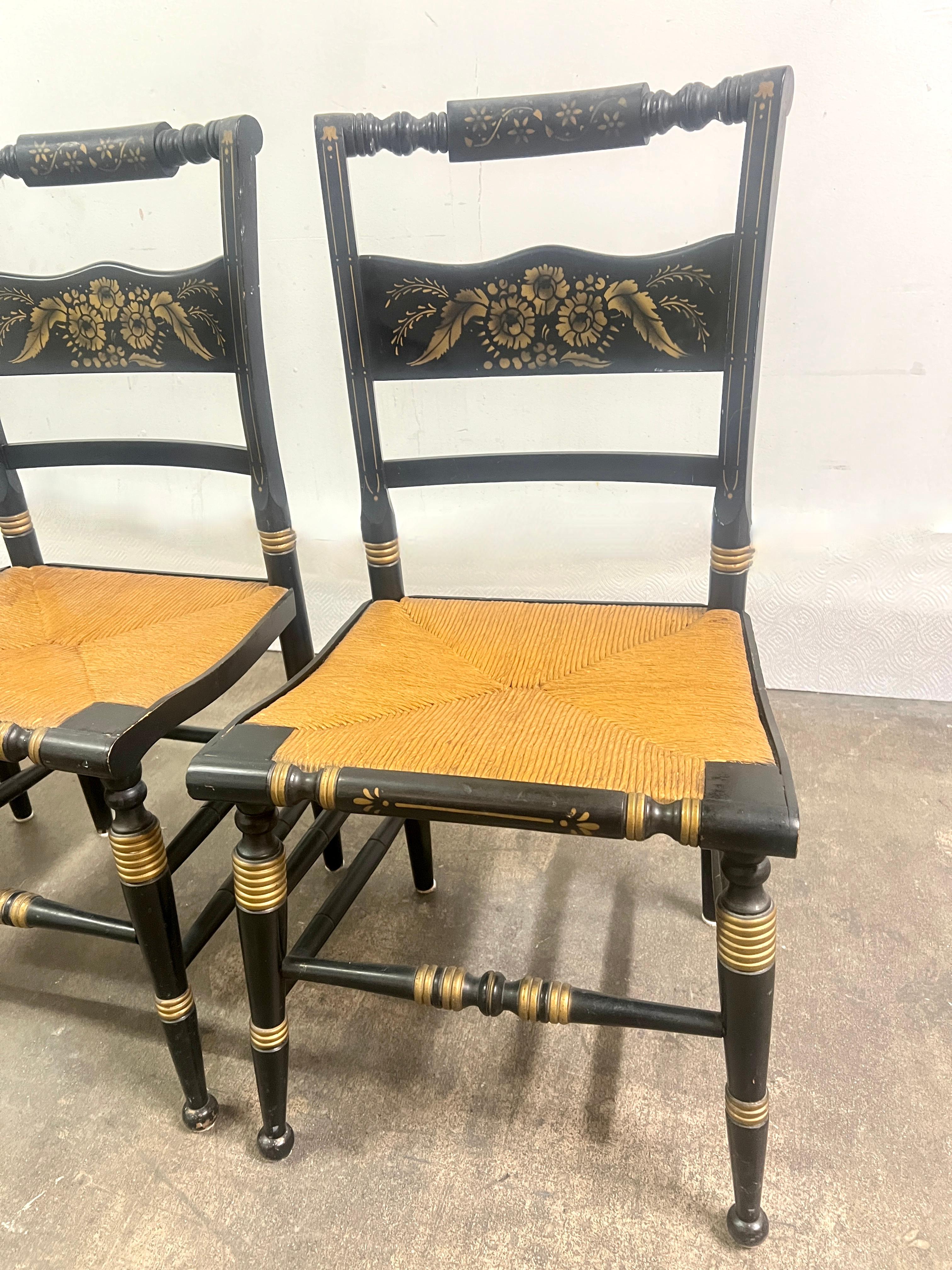 Four Hitchcock Chairs with Woven Rush Seats and Hand Painted Detailing For Sale 4