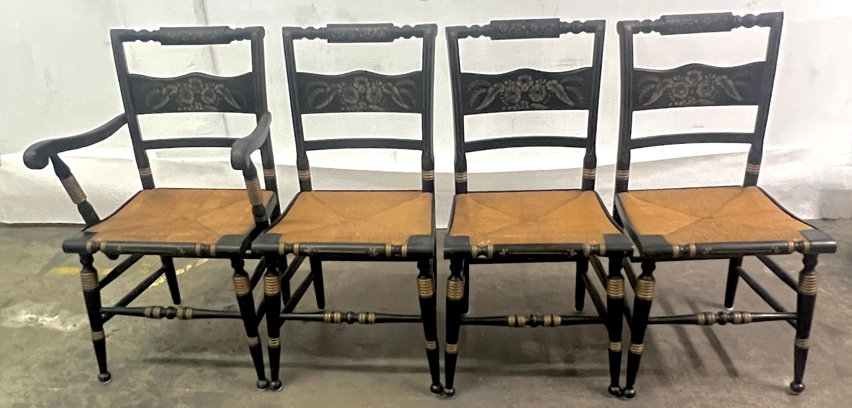 Four Hitchcock Chairs with Woven Rush Seats and Hand Painted Detailing For Sale 5