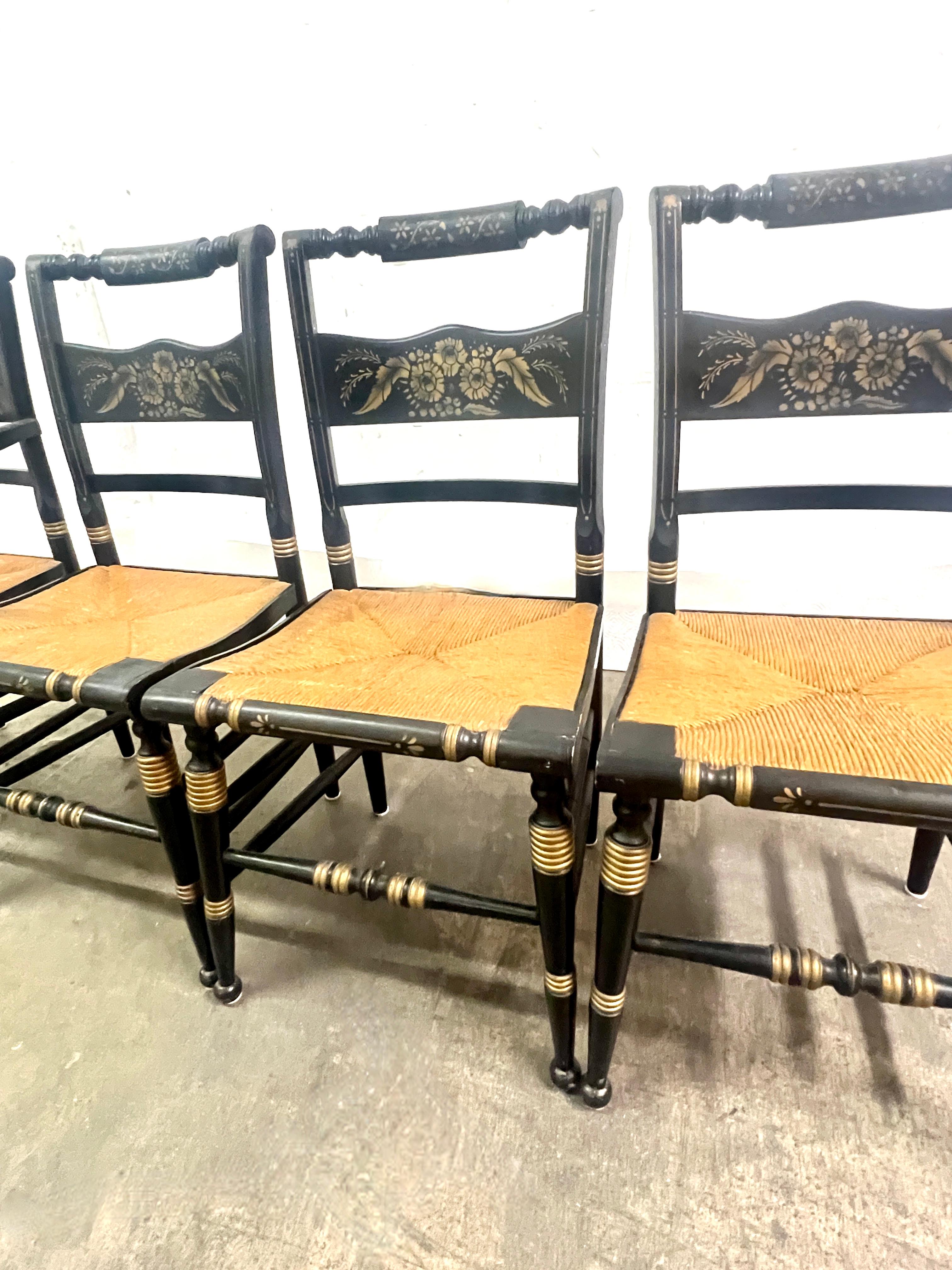 Four Hitchcock Chairs with Woven Rush Seats and Hand Painted Detailing For Sale 6