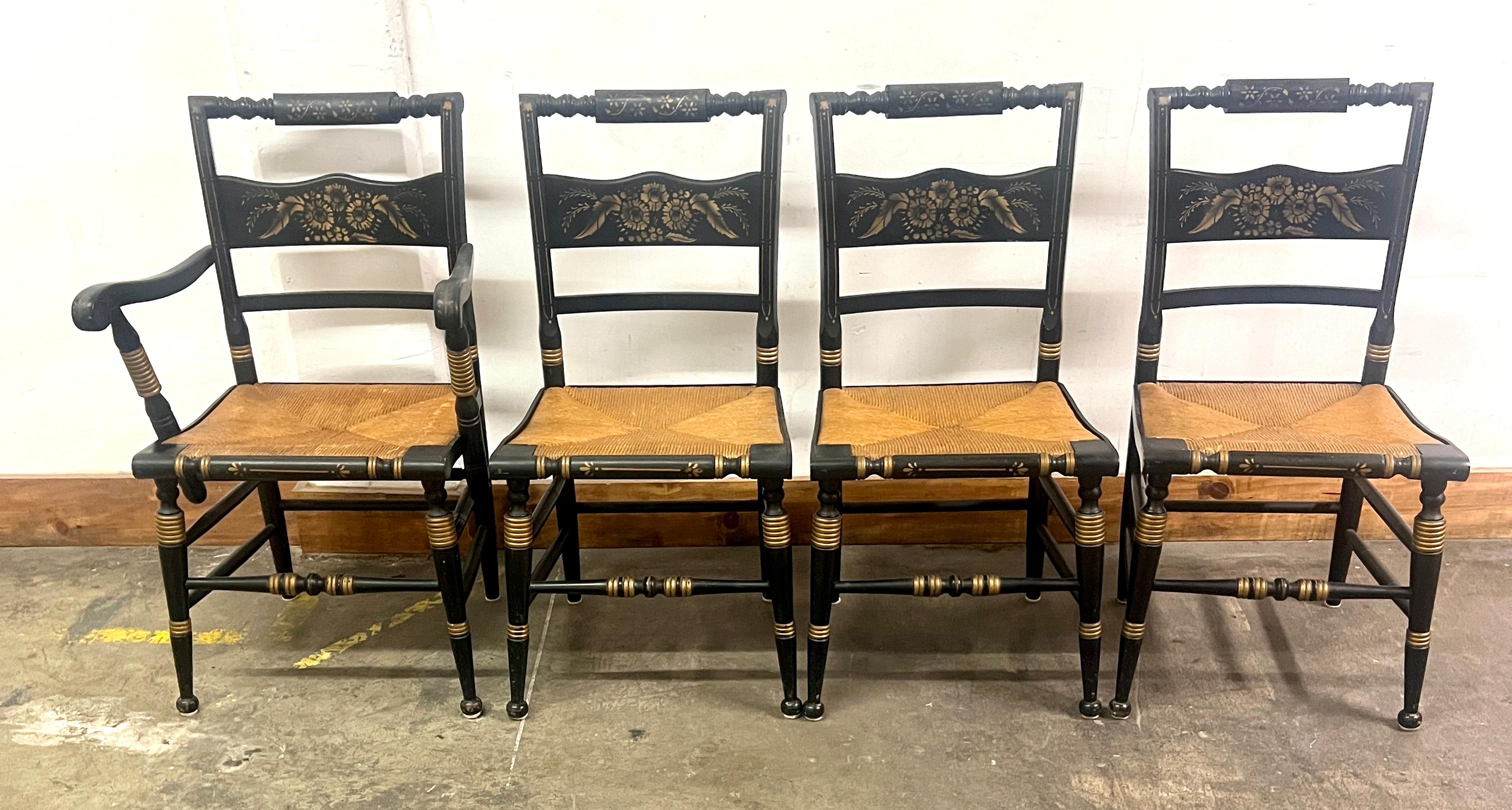 Hand-Crafted Four Hitchcock Chairs with Woven Rush Seats and Hand Painted Detailing For Sale