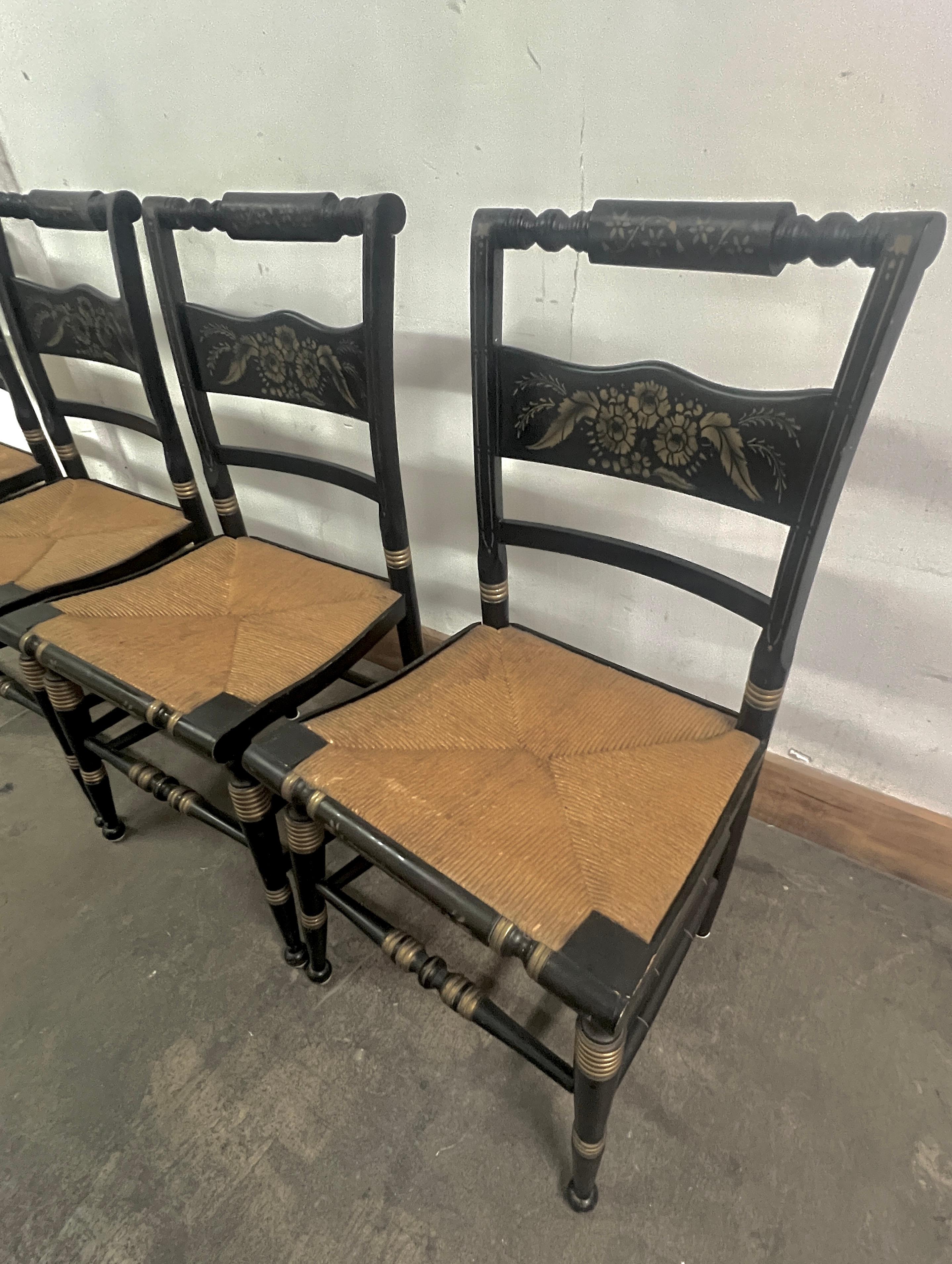 Four Hitchcock Chairs with Woven Rush Seats and Hand Painted Detailing In Good Condition For Sale In Los Angeles, CA