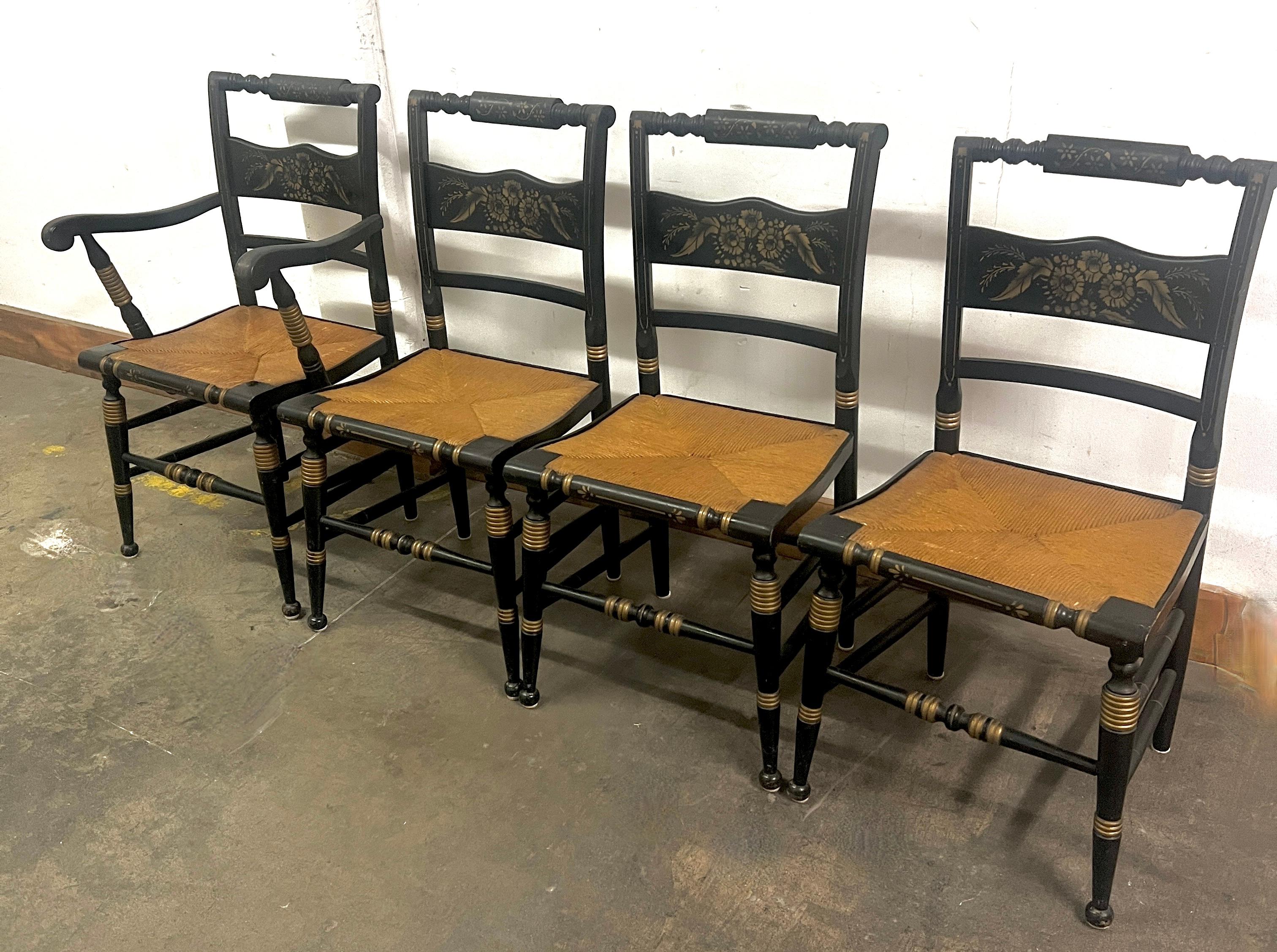 20th Century Four Hitchcock Chairs with Woven Rush Seats and Hand Painted Detailing For Sale