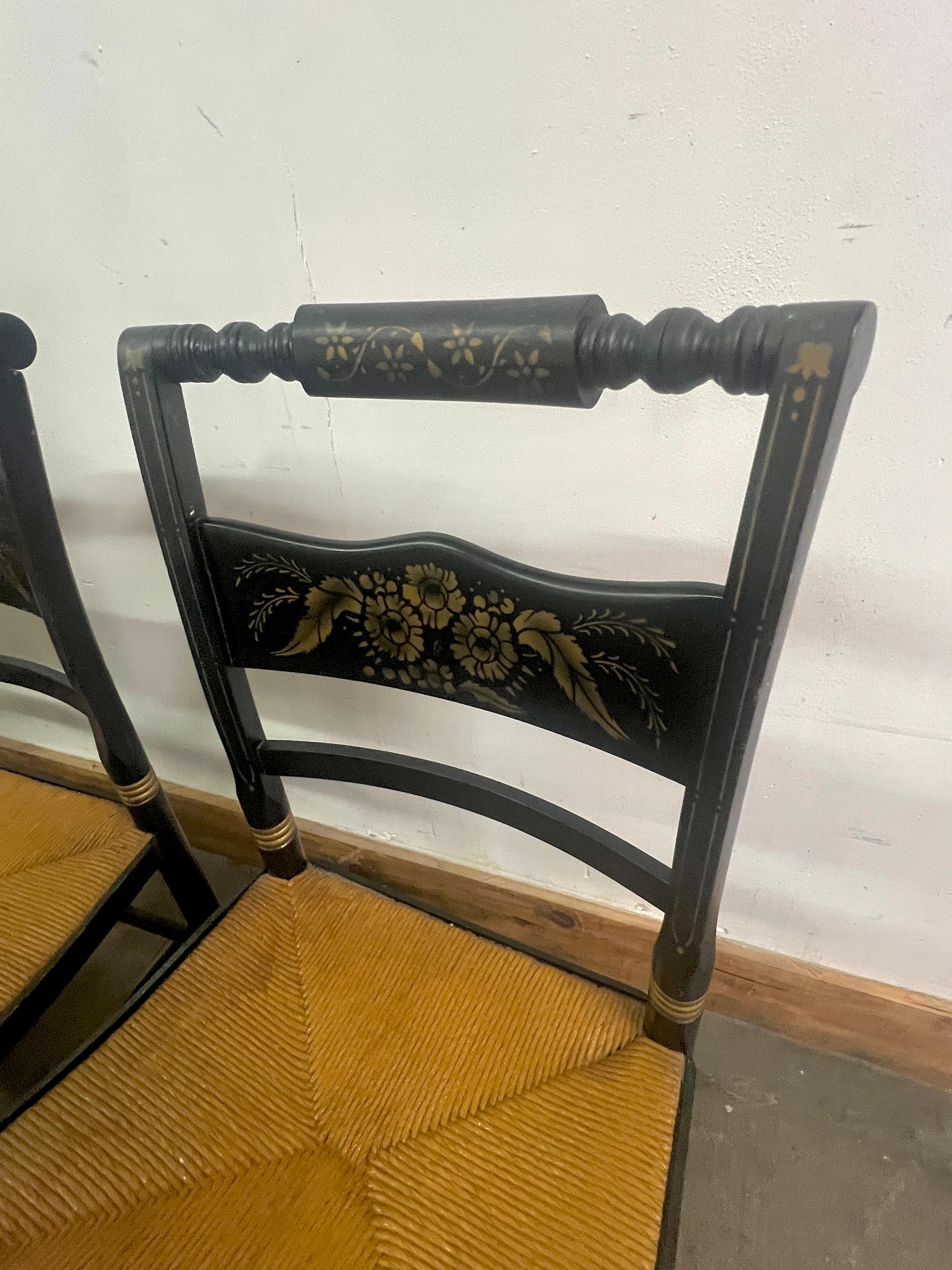 Wood Four Hitchcock Chairs with Woven Rush Seats and Hand Painted Detailing For Sale