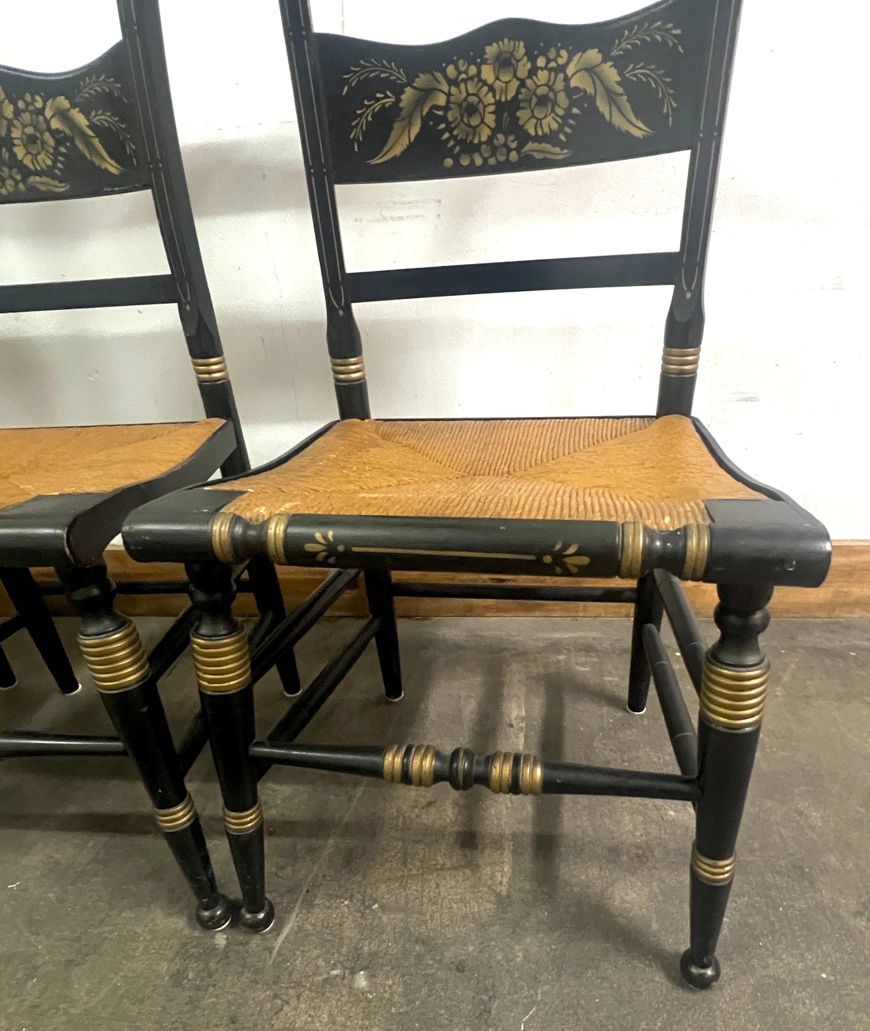 Four Hitchcock Chairs with Woven Rush Seats and Hand Painted Detailing For Sale 2