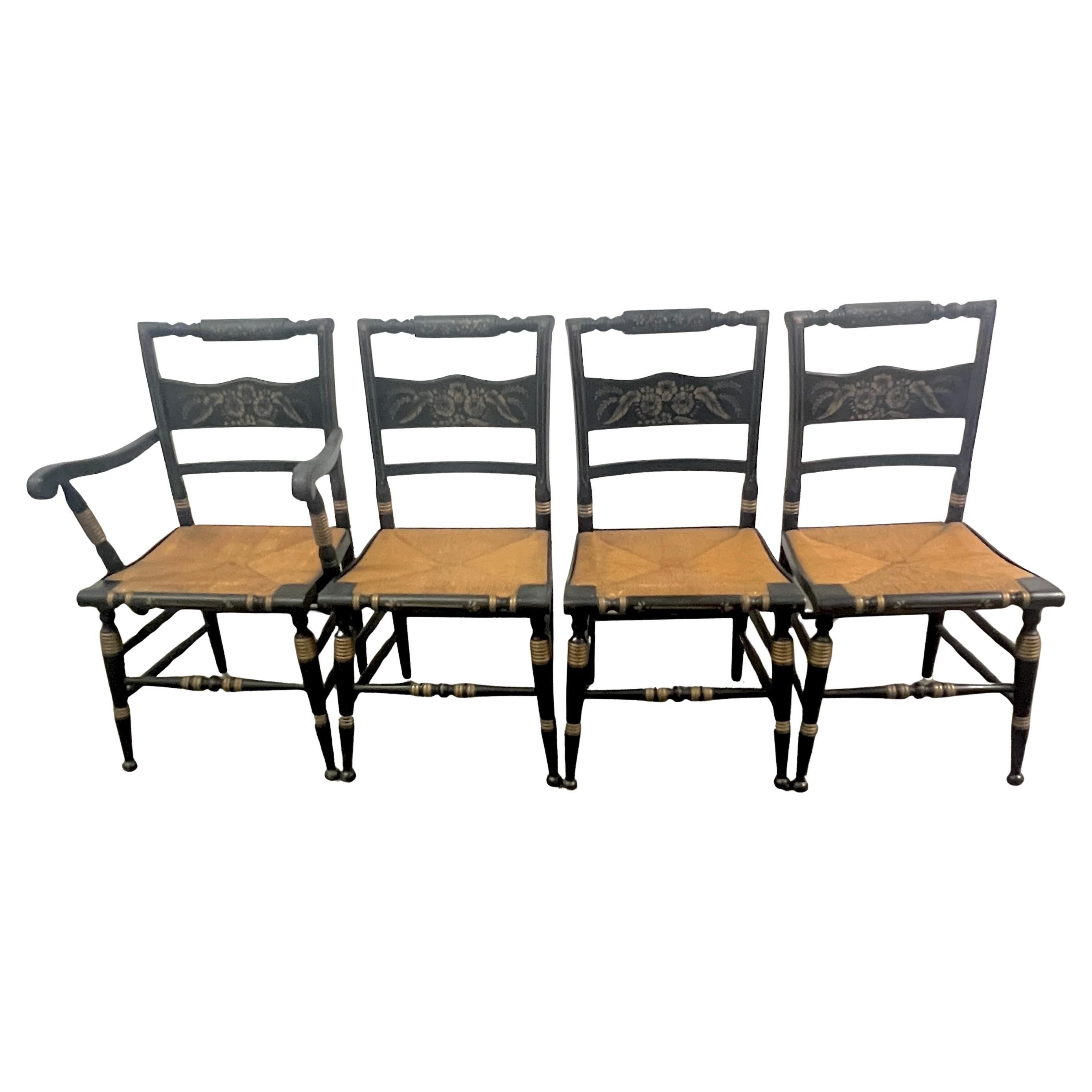 Four Hitchcock Chairs with Woven Rush Seats and Hand Painted Detailing