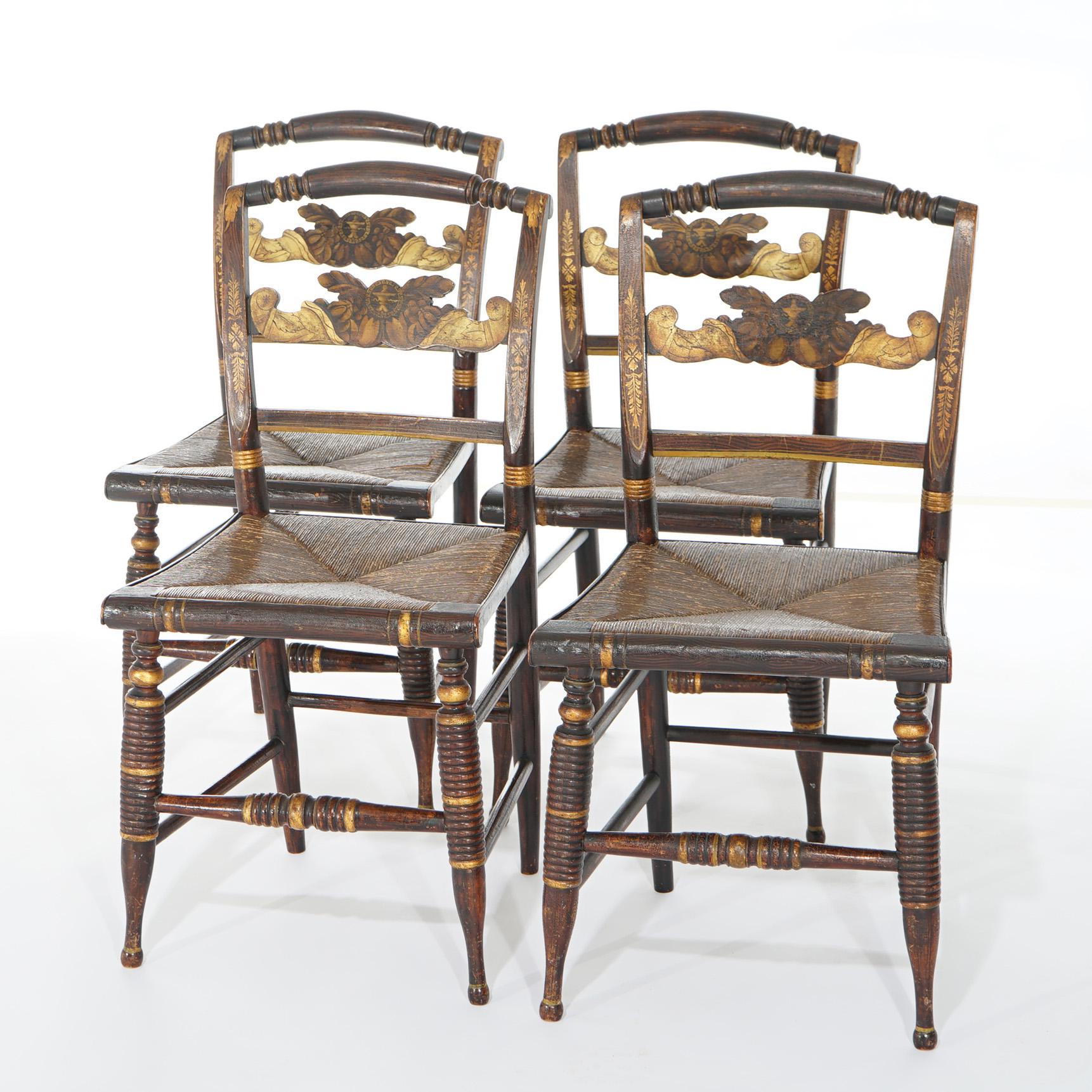 Cuatro sillas auxiliares de comedor Hitchcock estarcidas y pintadas c1840 siglo XIX en venta