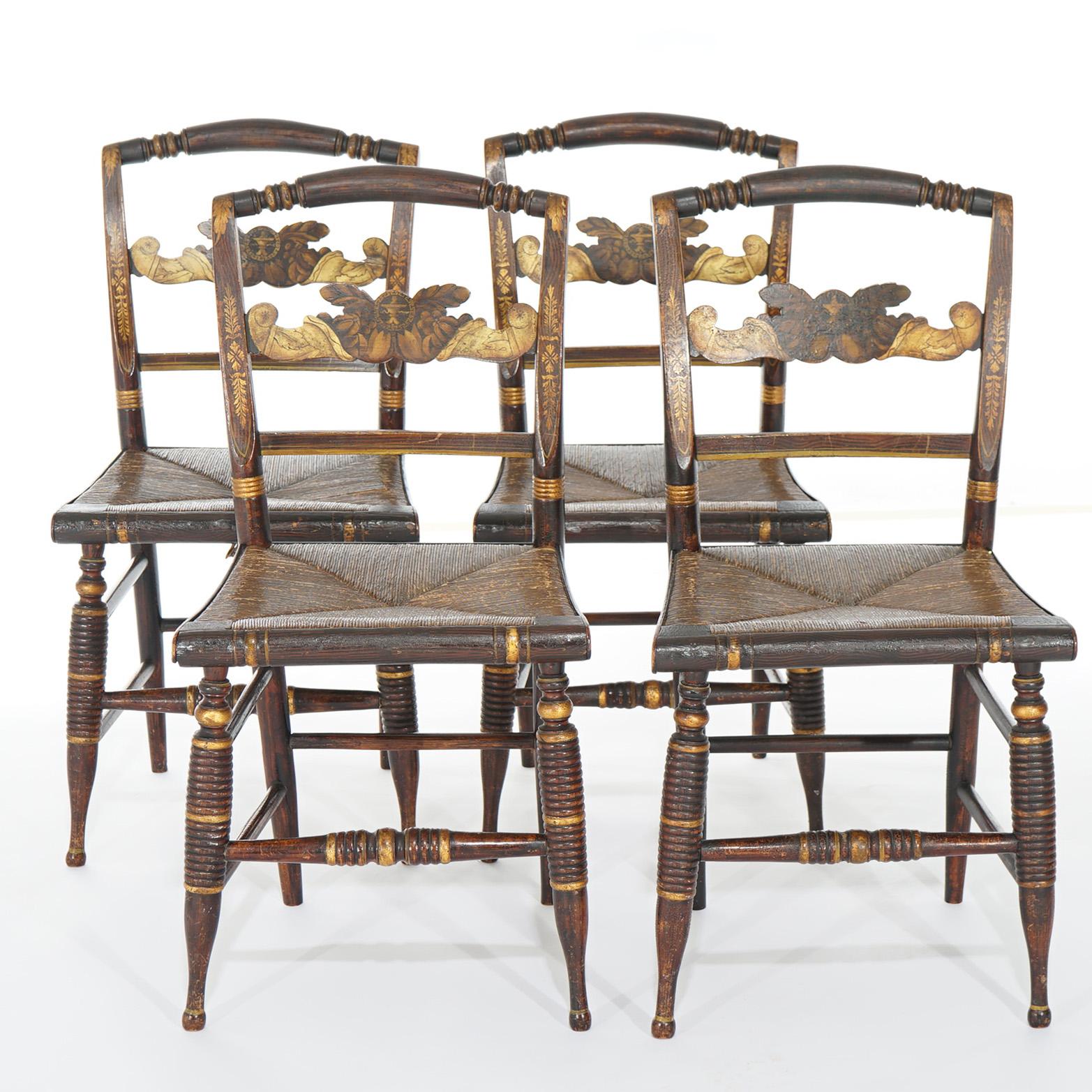 Cuatro sillas auxiliares de comedor Hitchcock estarcidas y pintadas c1840 Madera en venta