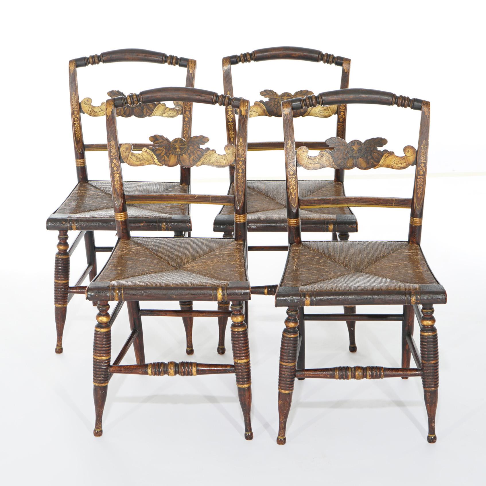 Cuatro sillas auxiliares de comedor Hitchcock estarcidas y pintadas c1840 en venta 1