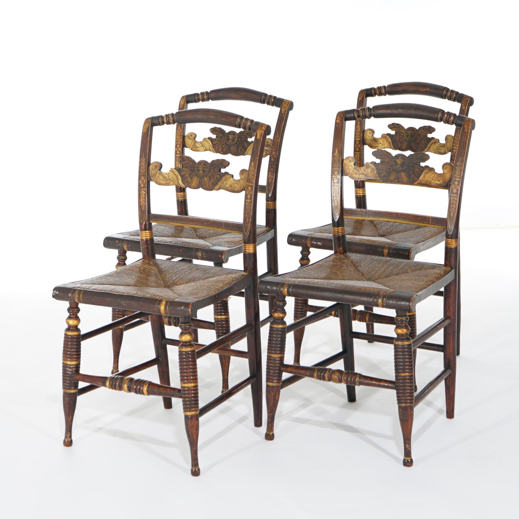 Cuatro sillas auxiliares de comedor Hitchcock estarcidas y pintadas c1840 en venta 2