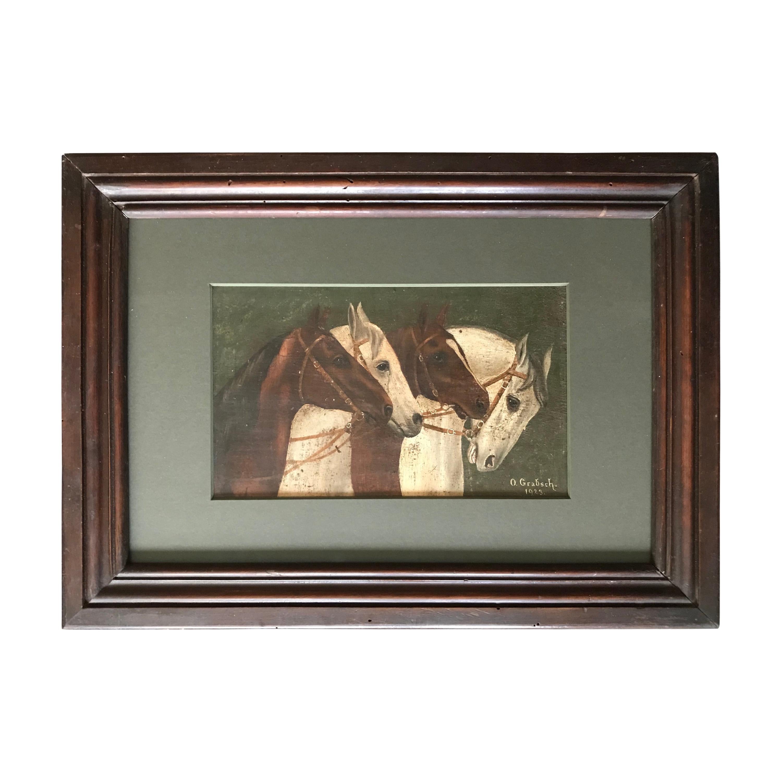 Four Horses, Grabsch 1923. Vintage oil on board painting of four horses in profile, under museum glass in antique Italian mahogany frame. Europe, 1923.
Dimensions: 20.5