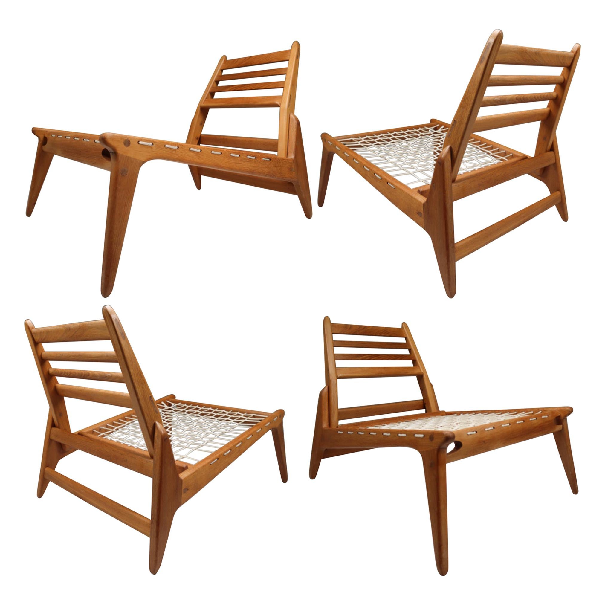 Four "Hunting chairs" in Oak with Trapezium and Tapered Lines, 1950, Germany 