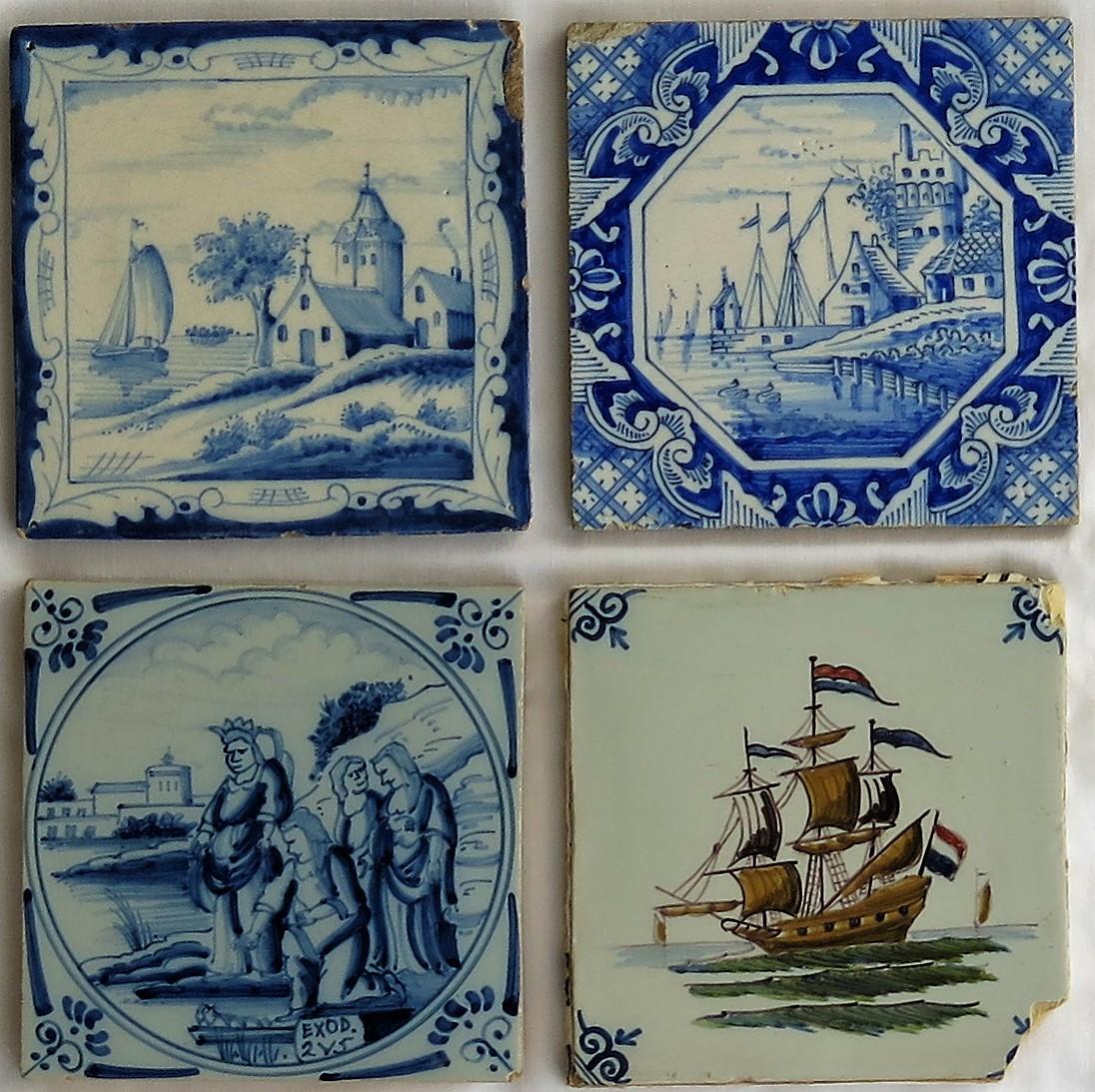 These are four attractive individual Delft ceramic wall tiles, dating to the second half of the 19th century.

All tiles are nominally 5 inches square and 5/16 to 3/8 inches thick. 

Tile 1 - Top Left hand - Blue and White
Hand painted in
