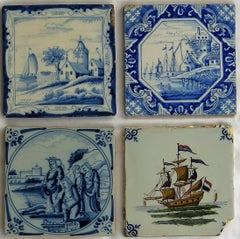 VIER individuelle keramische Delft-Wandfliesen, handbemalt, 19. Jahrhundert