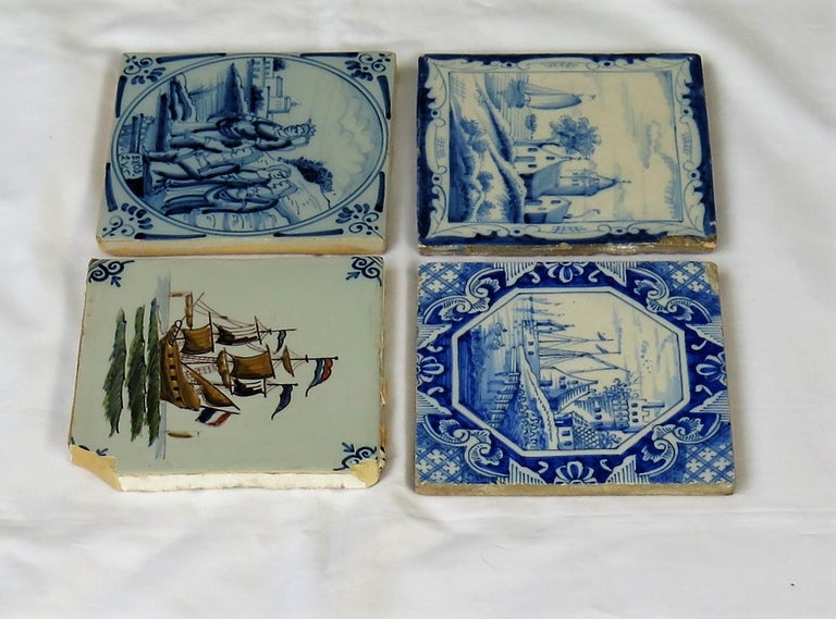 Four Individual Ceramic Delft Wall Tiles Hand Painted, 19th Century For