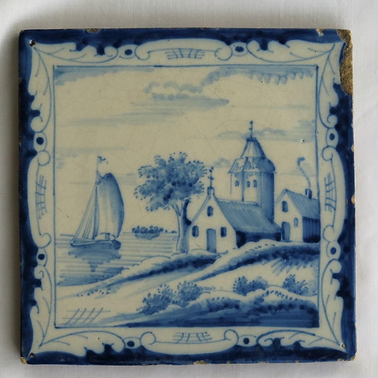 Dutch Colonial FOUR Individual Ceramic Delft Wall Tiles Hand Painted, 19th Century For Sale