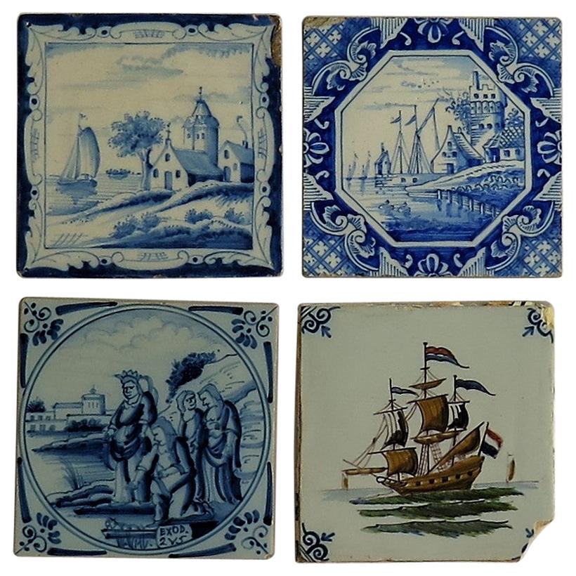 Four Individual Ceramic Delft Wall Tiles Hand Painted, 19th Century
