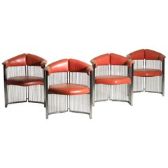 Four Italian Armchairs in Chrome Steel and Red Leather, 1960s