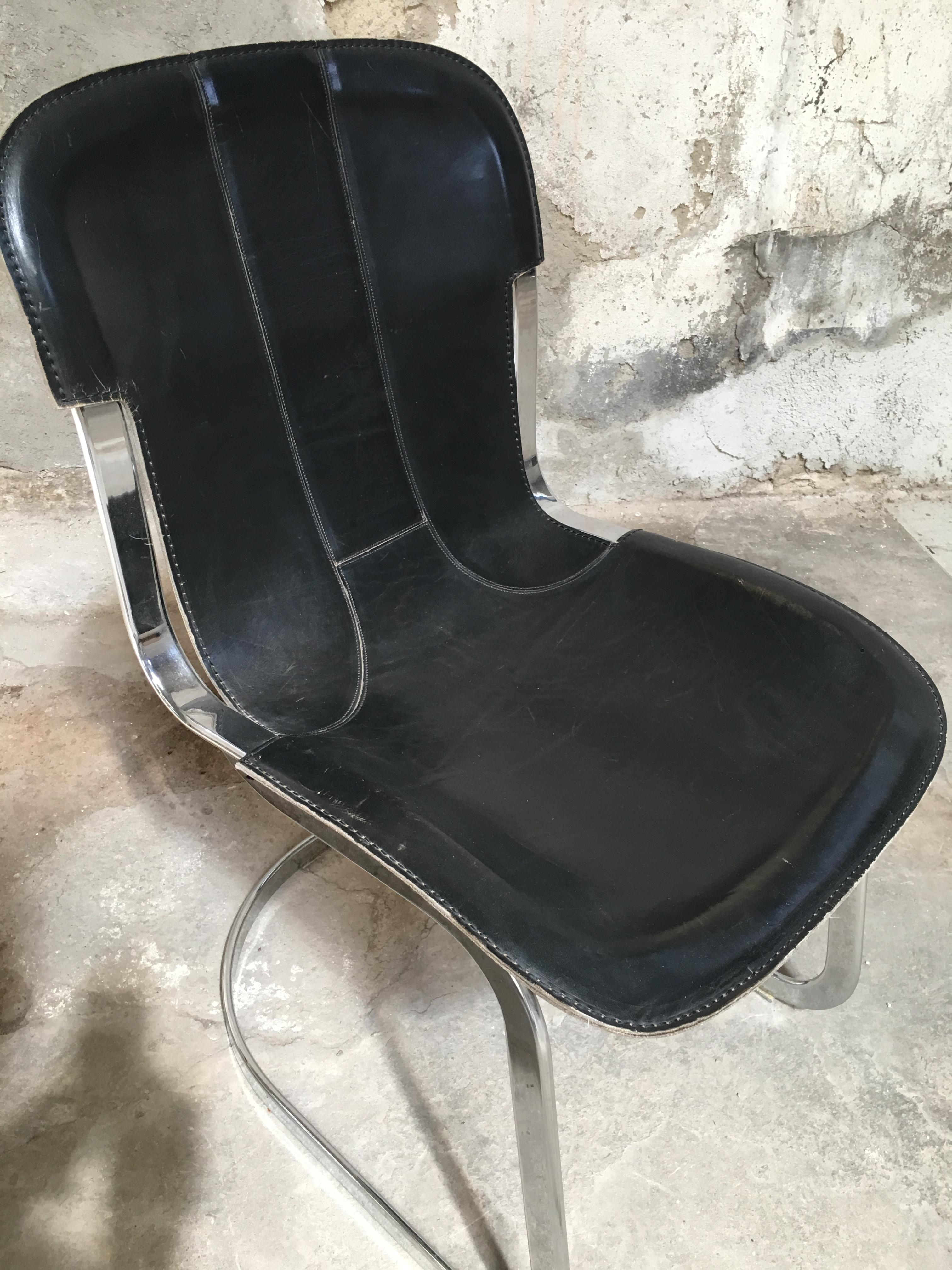 Four Italian Chairs with Original Black Leather Seat by Willy Rizzo for Cidue 4