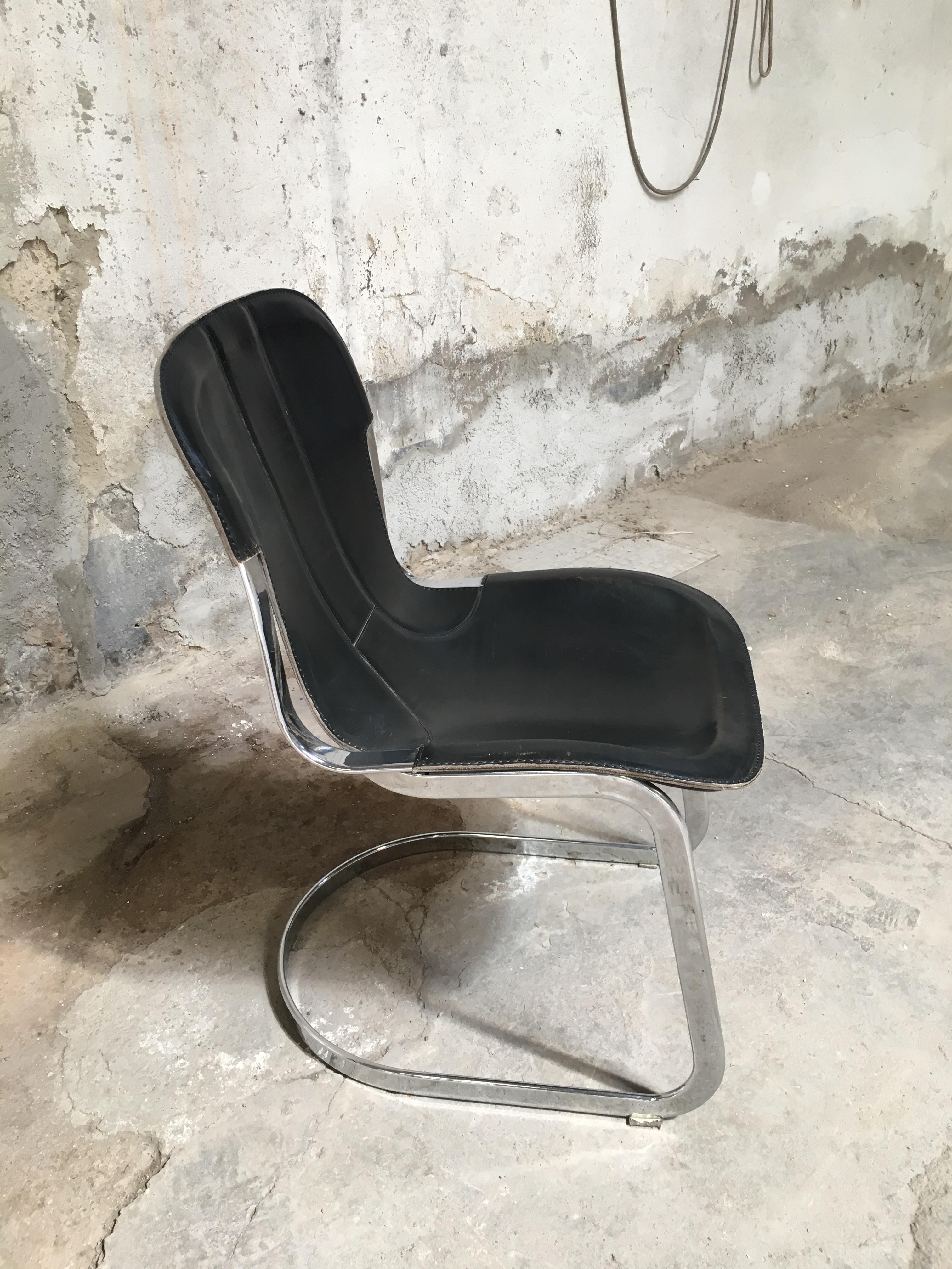 Four Italian Chairs with Original Black Leather Seat by Willy Rizzo for Cidue 8